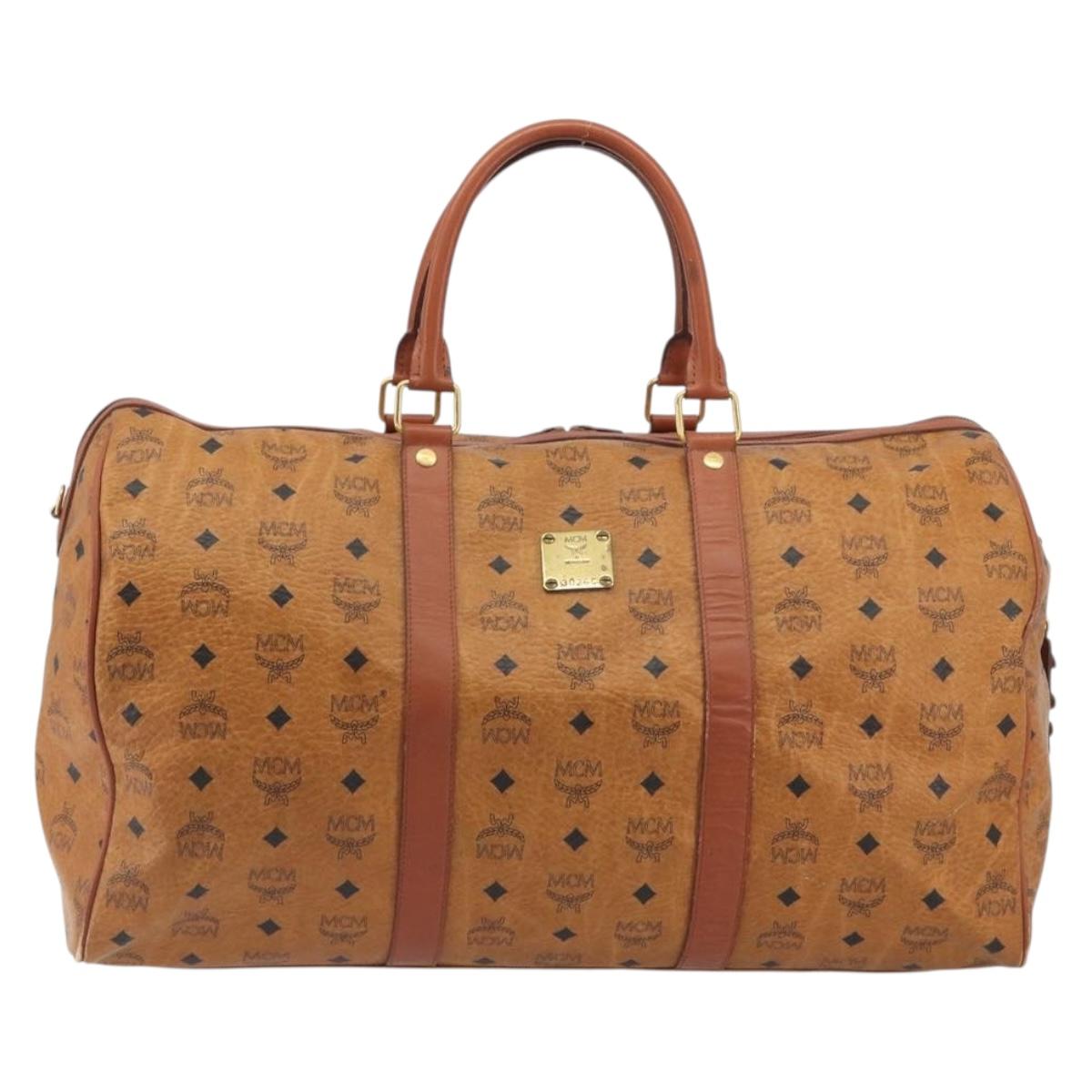 MCM Vicetos Boston Bag PVC Leather Brown Gold Tone Auth gh2312