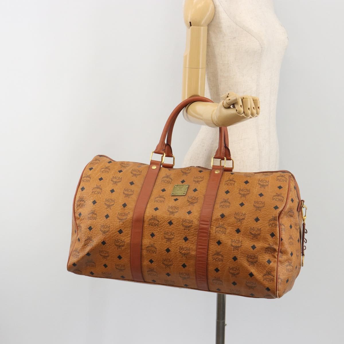 MCM Vicetos Boston Bag PVC Leather Brown Gold Tone Auth gh2312