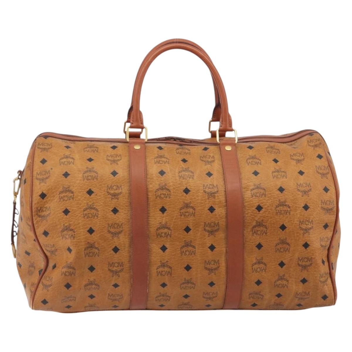 MCM Vicetos Boston Bag PVC Leather Brown Gold Tone Auth gh2312