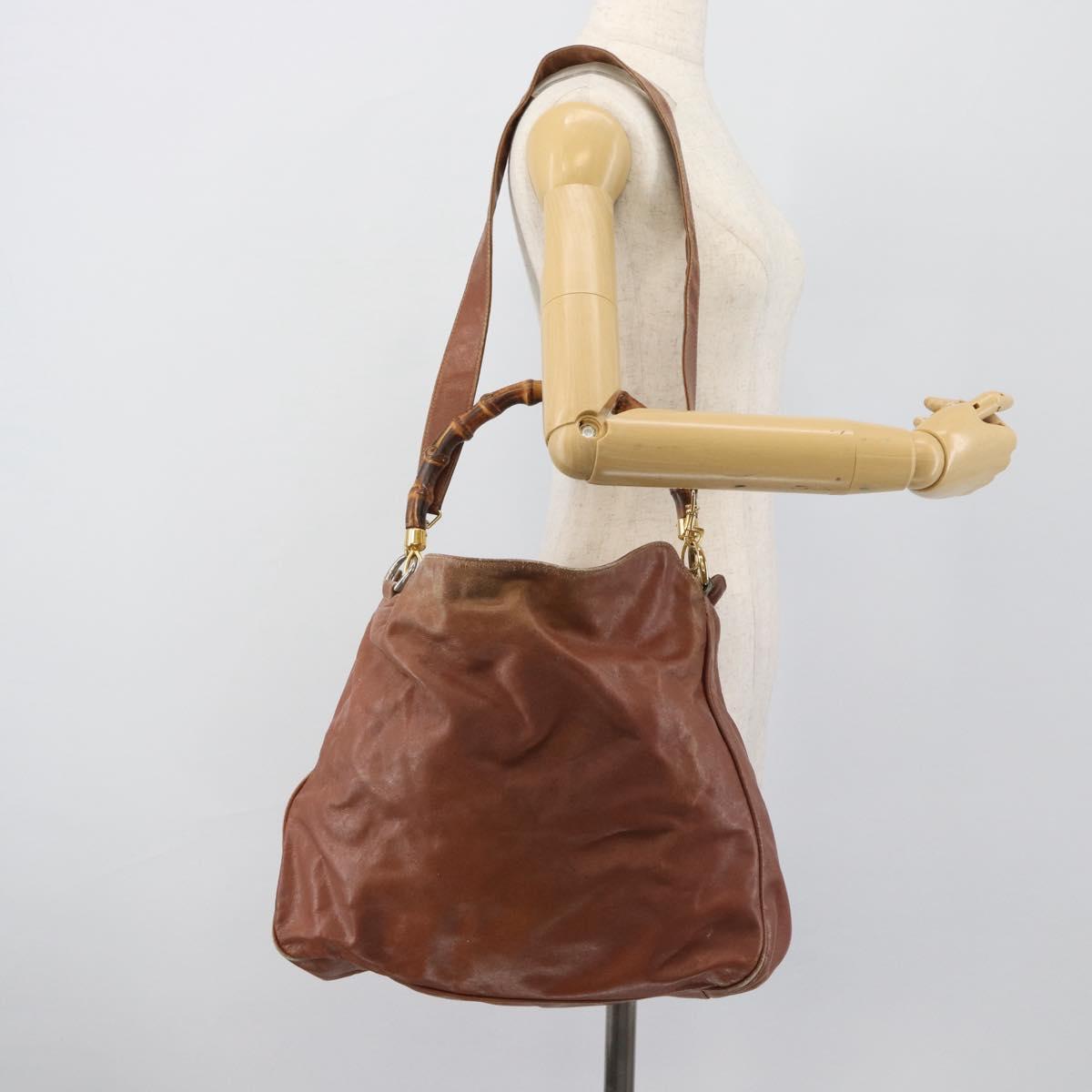 GUCCI Bamboo Hand Bag Leather 2way Brown Gold Tone Auth gh2330