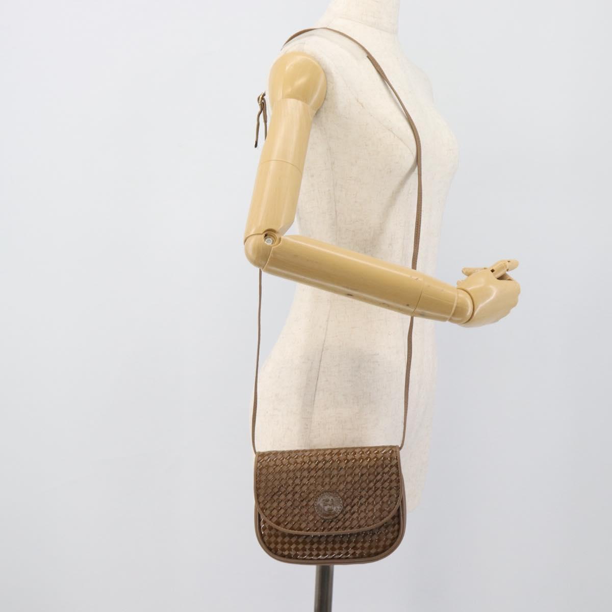 FENDI Shoulder Bag Leather Brown Gold Tone Auth gh2333A