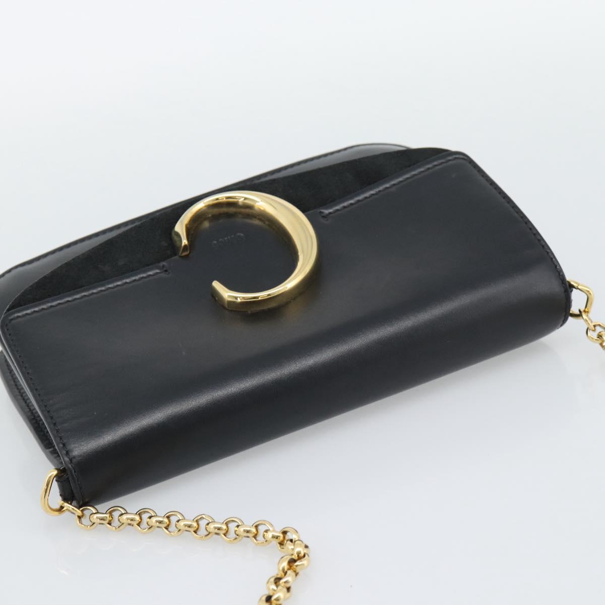 Chloe Chain Shoulder Bag Leather Black Gold Tone Auth gh2335A