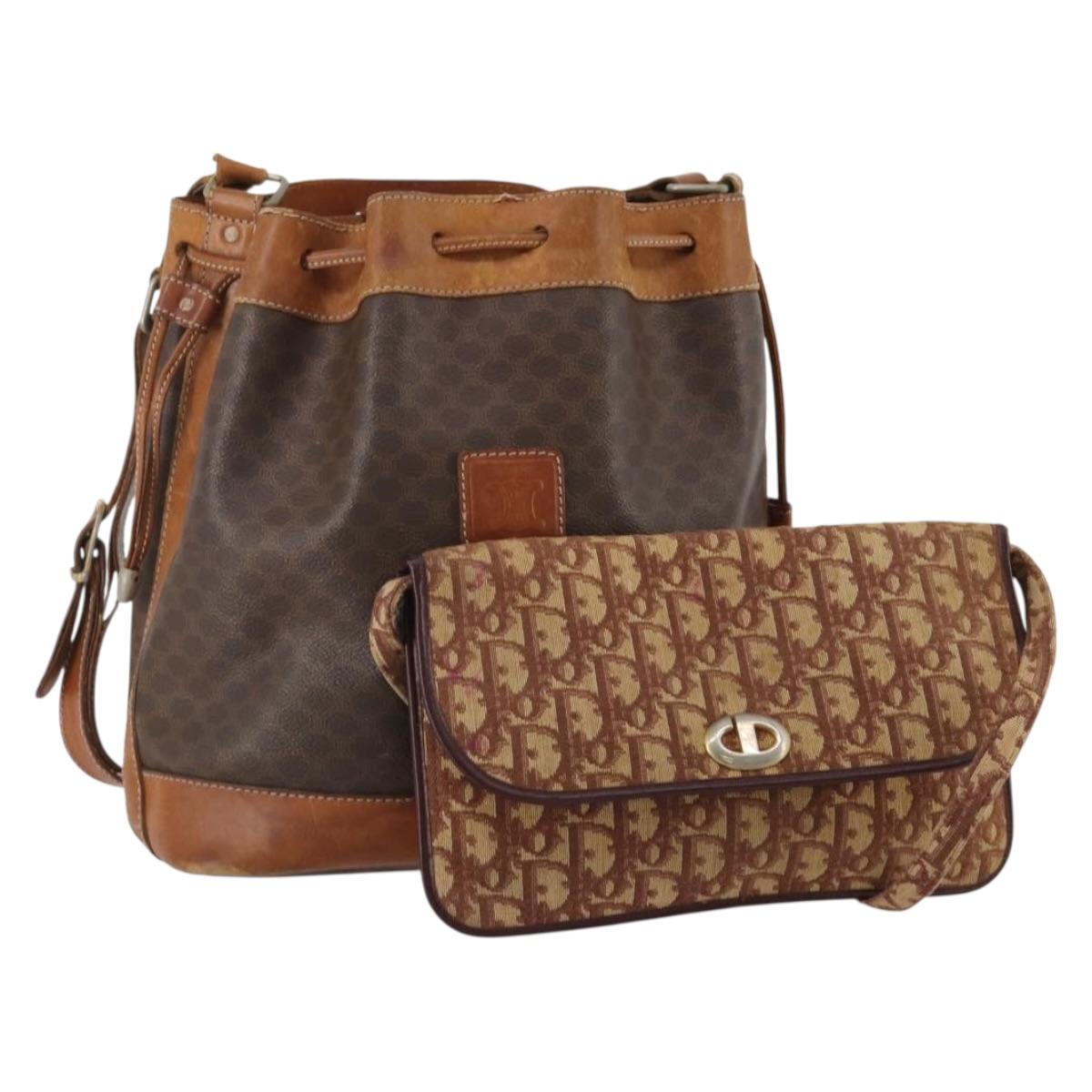 CELINE Dior Trotter Macadam Shoulder Bag Canvas PVC 2 Set Brown Red Auth gh2338