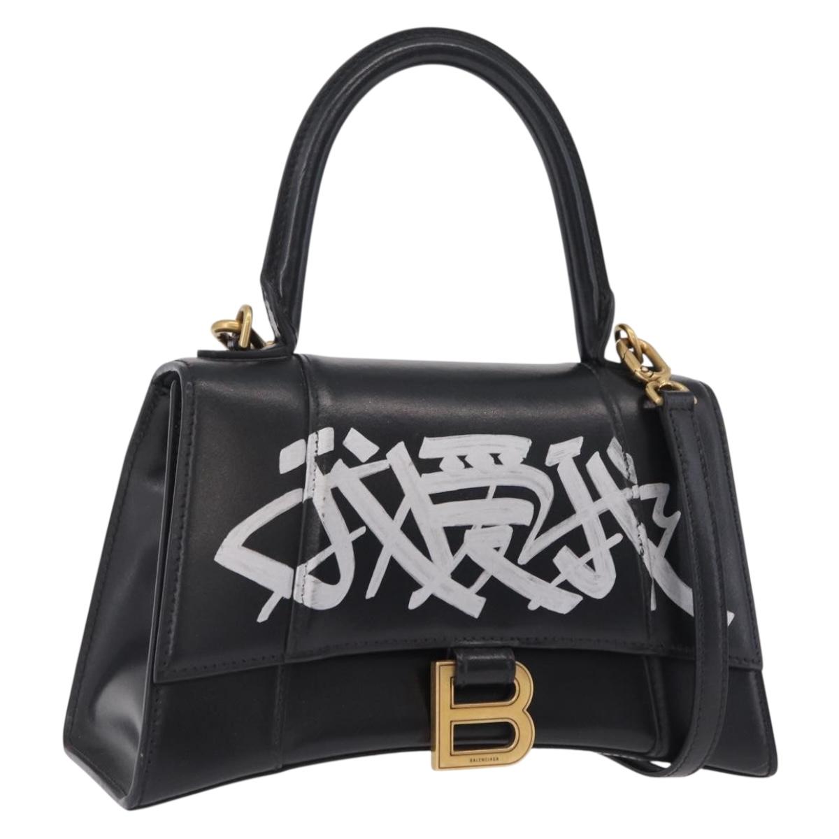 BALENCIAGA Hour Glass Small Hand Bag Leather 2way Black Gold 693546 Auth gh2347V