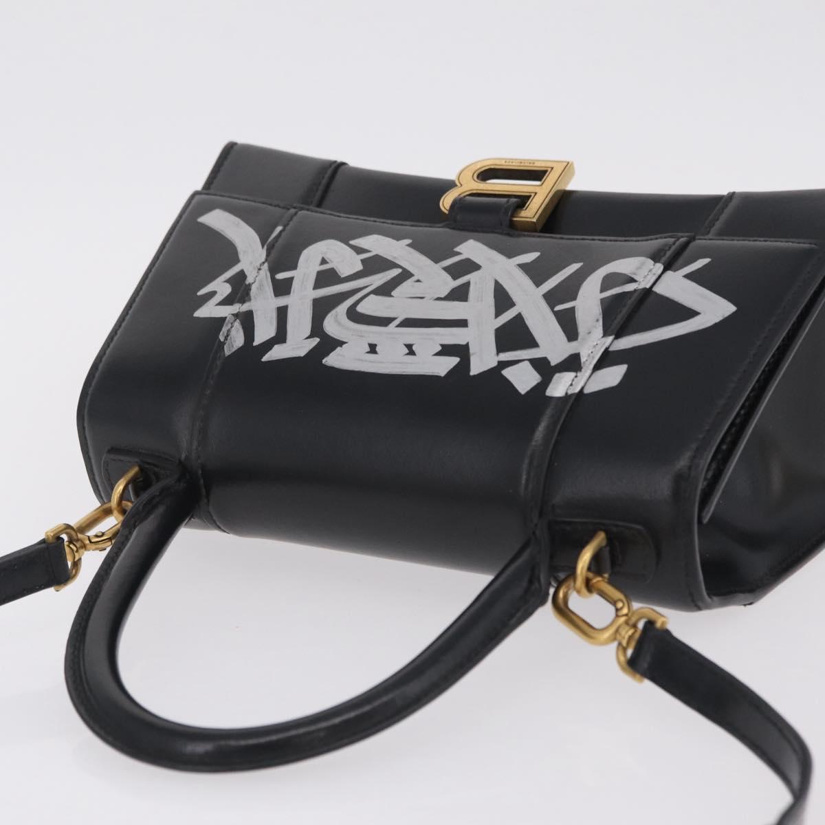 BALENCIAGA Hour Glass Small Hand Bag Leather 2way Black Gold 693546 Auth gh2347V
