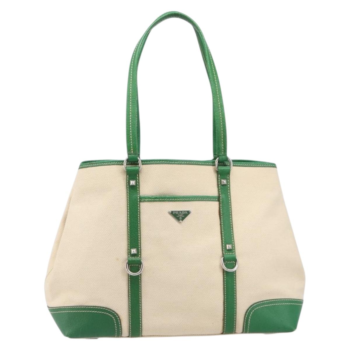 PRADA Tote Bag Canvas Beige Green Auth gh2350
