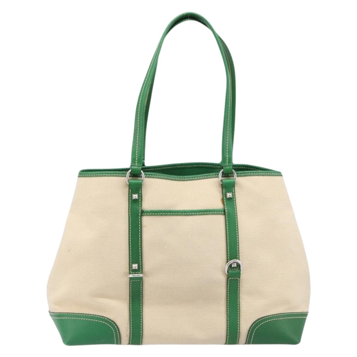 PRADA Tote Bag Canvas Beige Green Auth gh2350