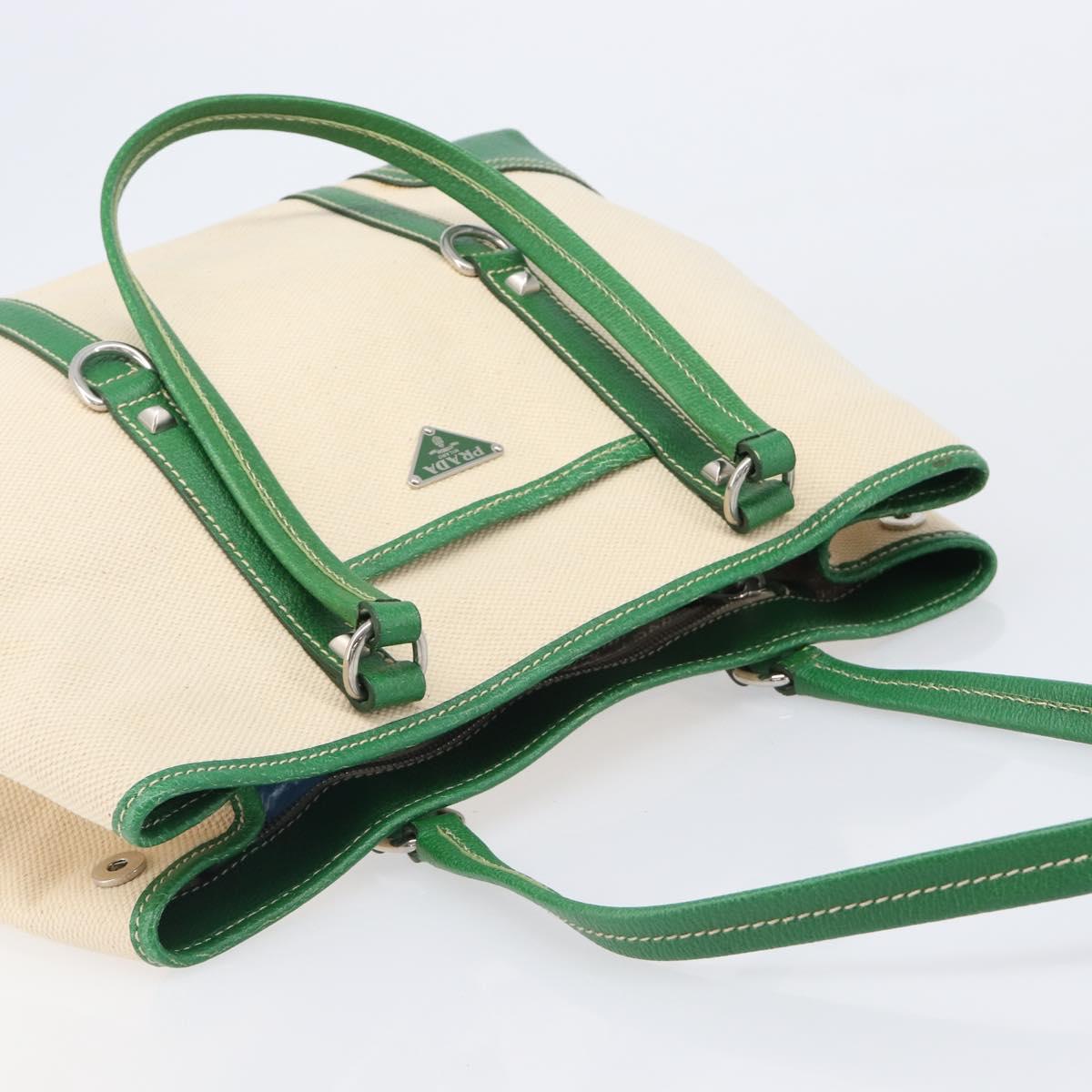 PRADA Tote Bag Canvas Beige Green Auth gh2350