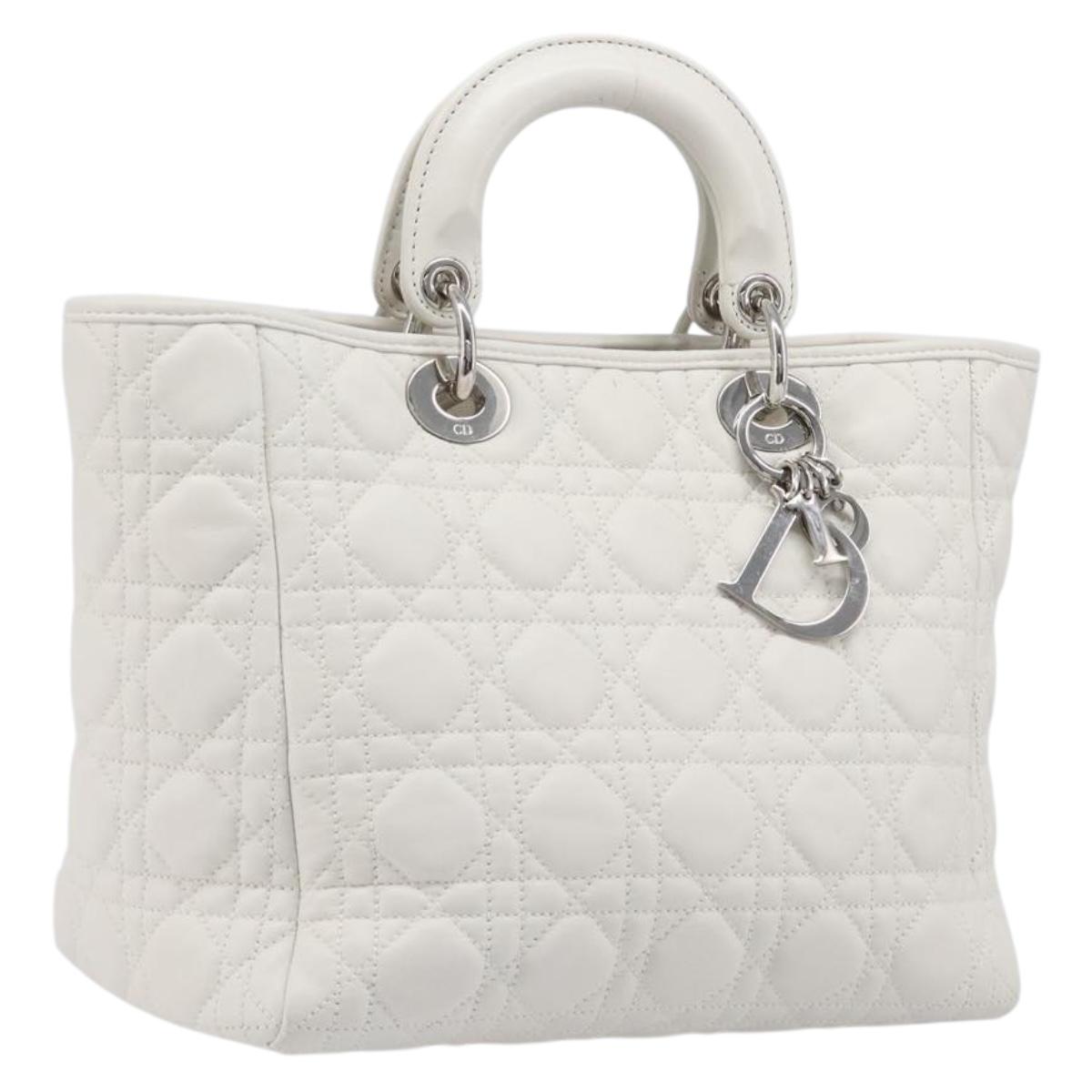 Christian Dior Lady Dior Canage Hand Bag Lamb Skin White Silver Auth gh2352V