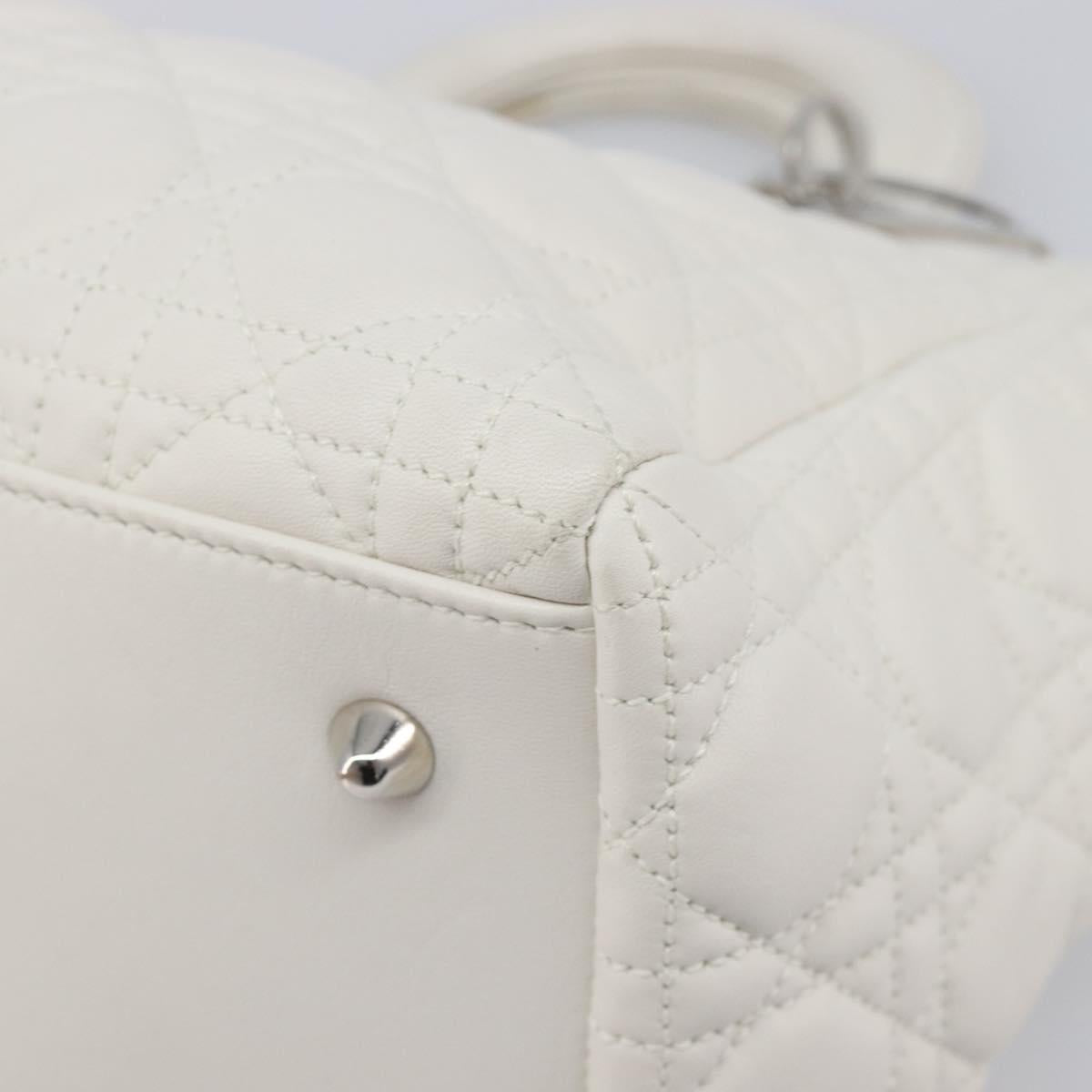 Christian Dior Lady Dior Canage Hand Bag Lamb Skin White Silver Auth gh2352V