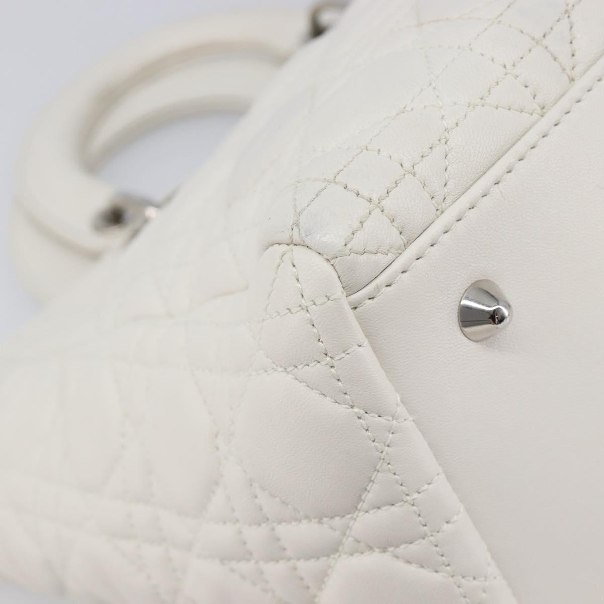 Christian Dior Lady Dior Canage Hand Bag Lamb Skin White Silver Auth gh2352V
