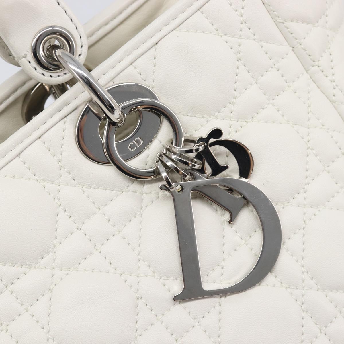 Christian Dior Lady Dior Canage Hand Bag Lamb Skin White Silver Auth gh2352V