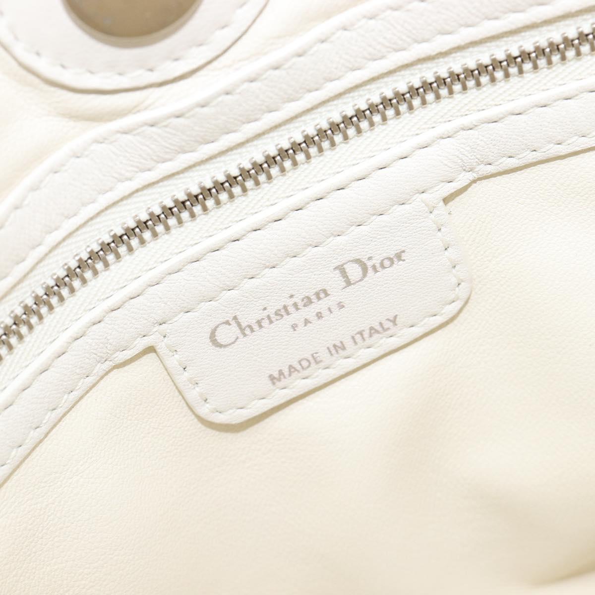 Christian Dior Lady Dior Canage Hand Bag Lamb Skin White Silver Auth gh2352V