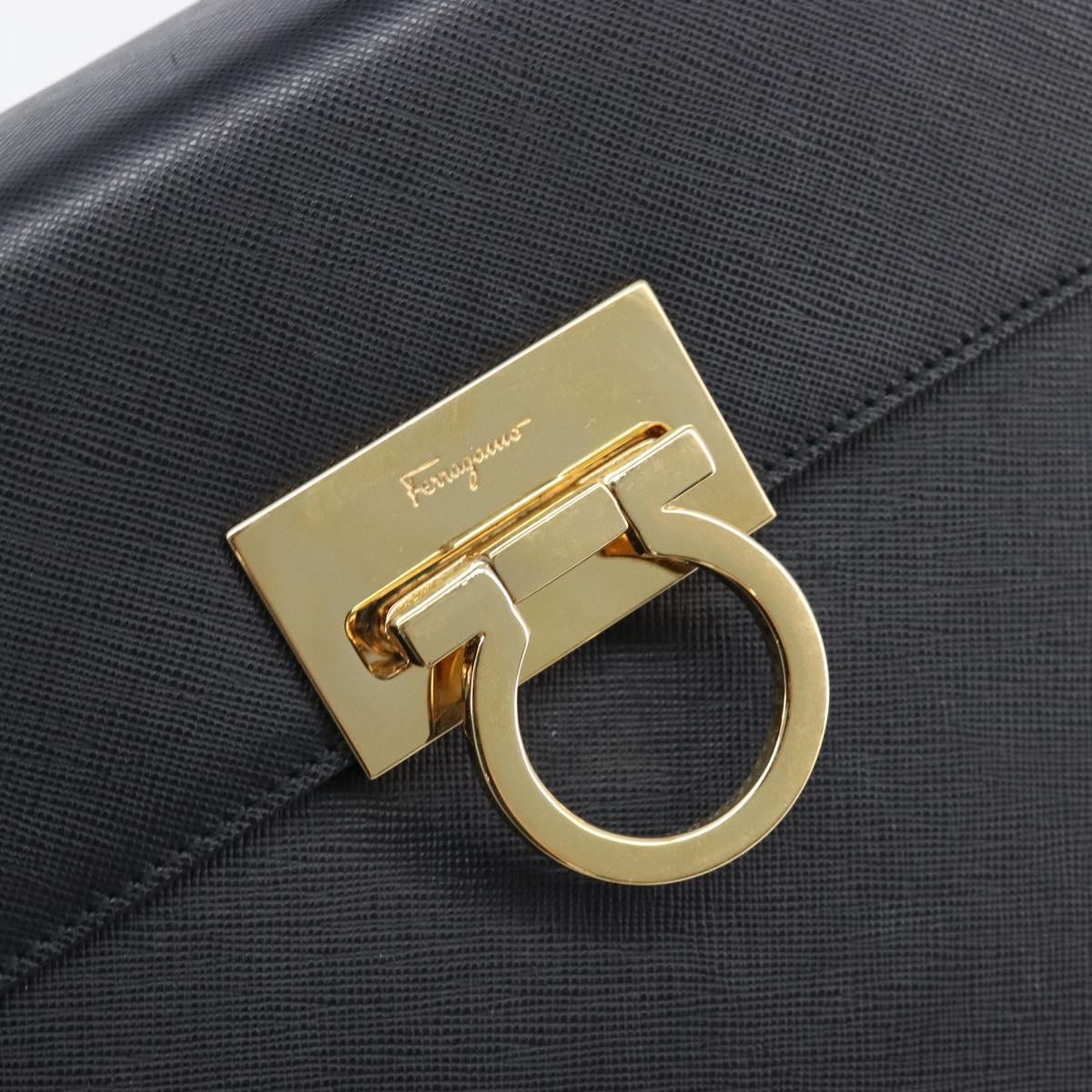 Salvatore Ferragamo Gancini Hand Bag Leather Black Gold Tone Auth gh2360