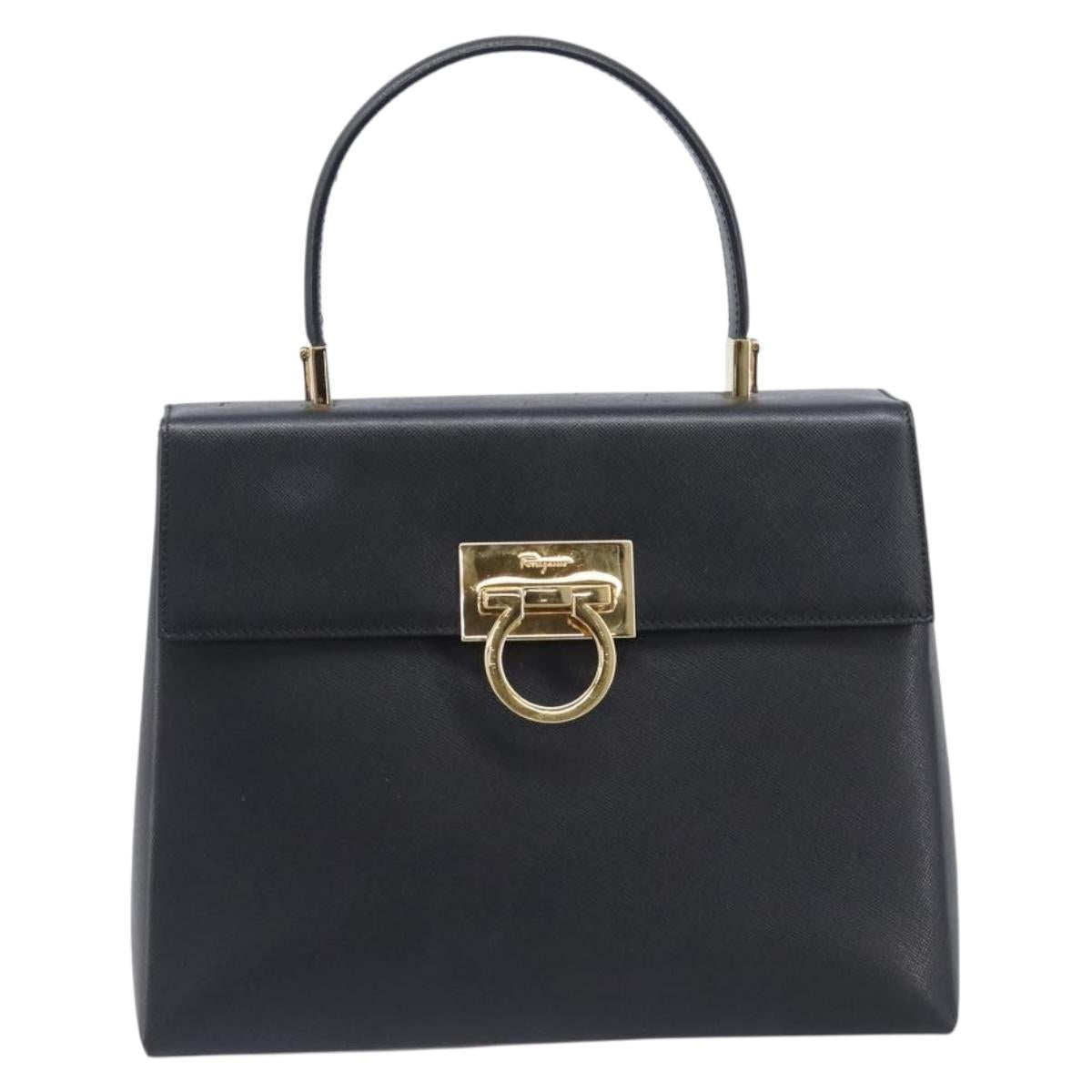 Salvatore Ferragamo Gancini Hand Bag Leather Black Gold Tone Auth gh2360