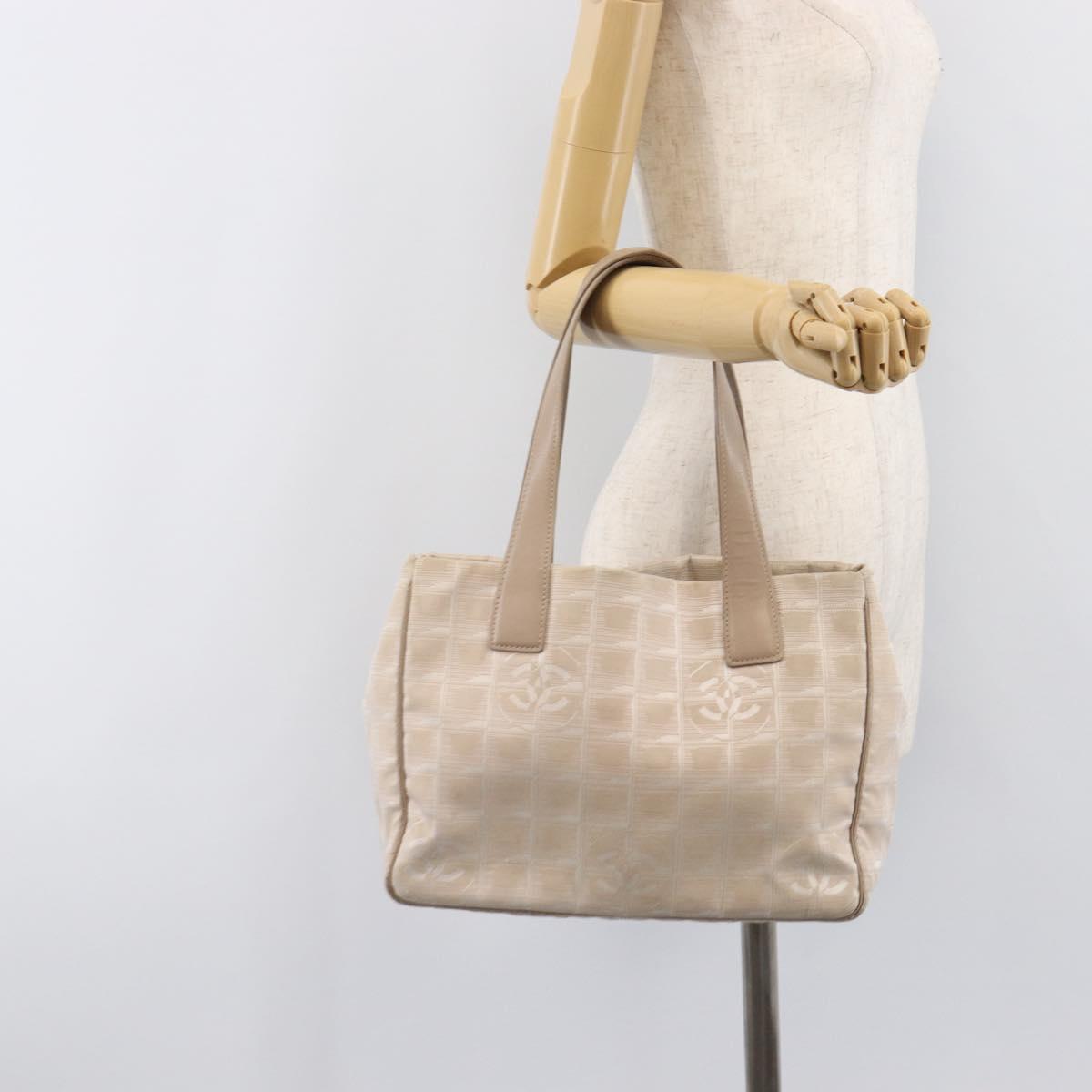 CHANEL New Travel Line Tote Bag Canvas Beige Gold Tone CC Auth gh2368