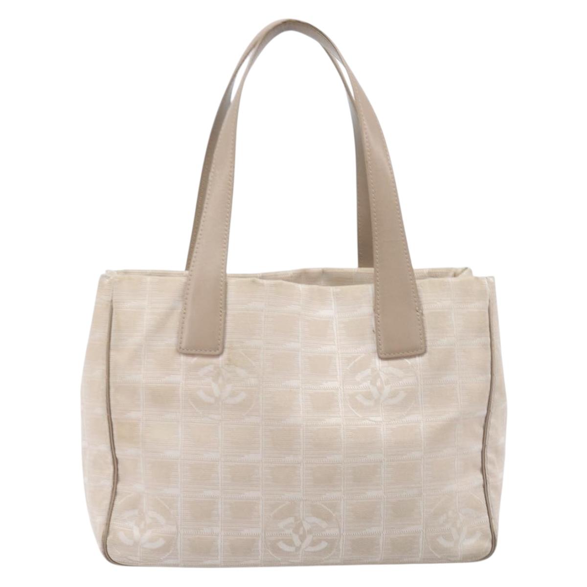 CHANEL New Travel Line Tote Bag Canvas Beige Gold Tone CC Auth gh2368