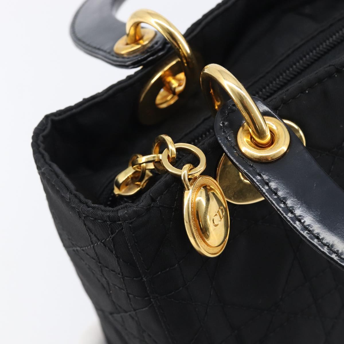 Christian Dior Lady Dior Canage Hand Bag Nylon Black Gold Tone Auth gh2376V