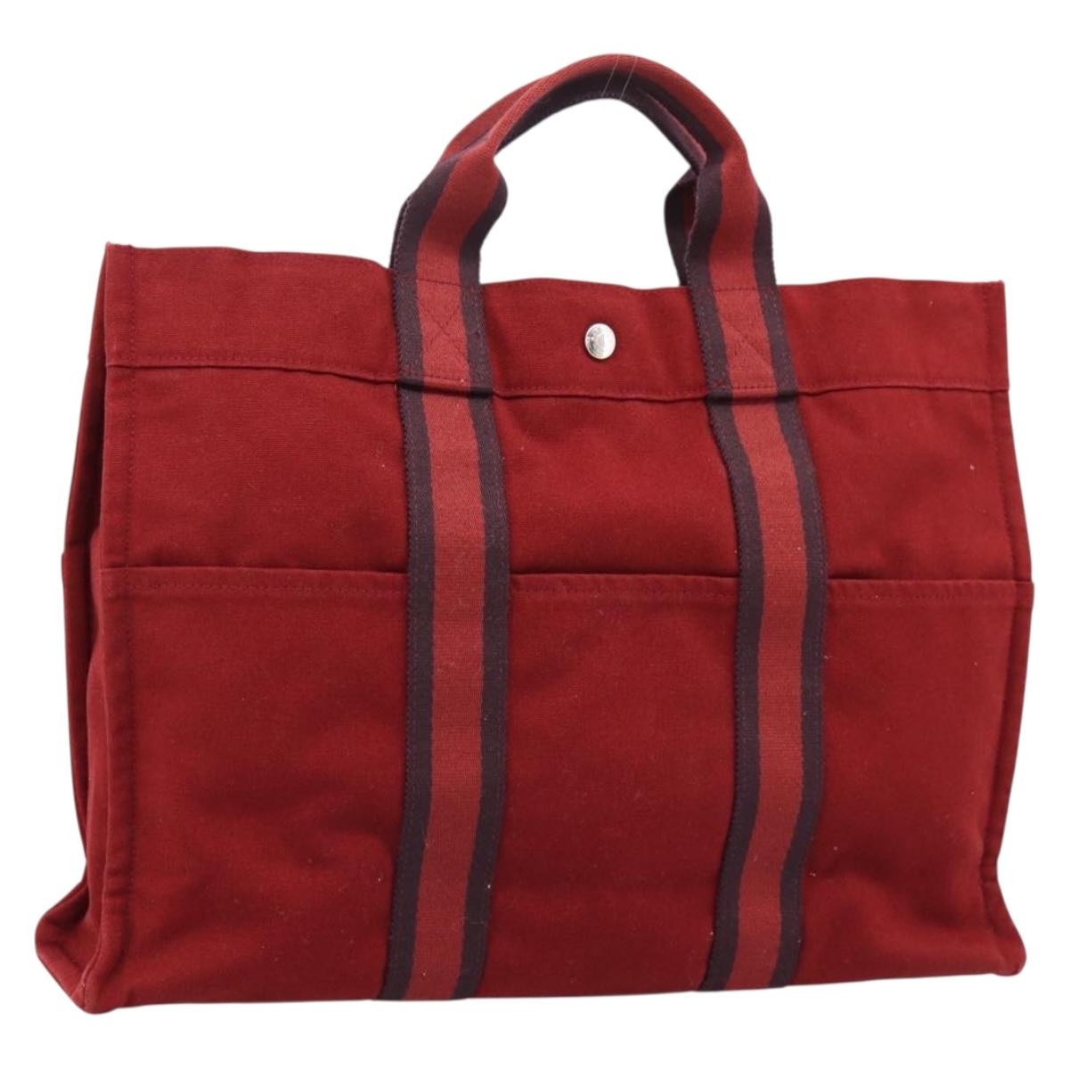 HERMES Fourre Tout MM Hand Bag Canvas Red Silver Auth gh2382