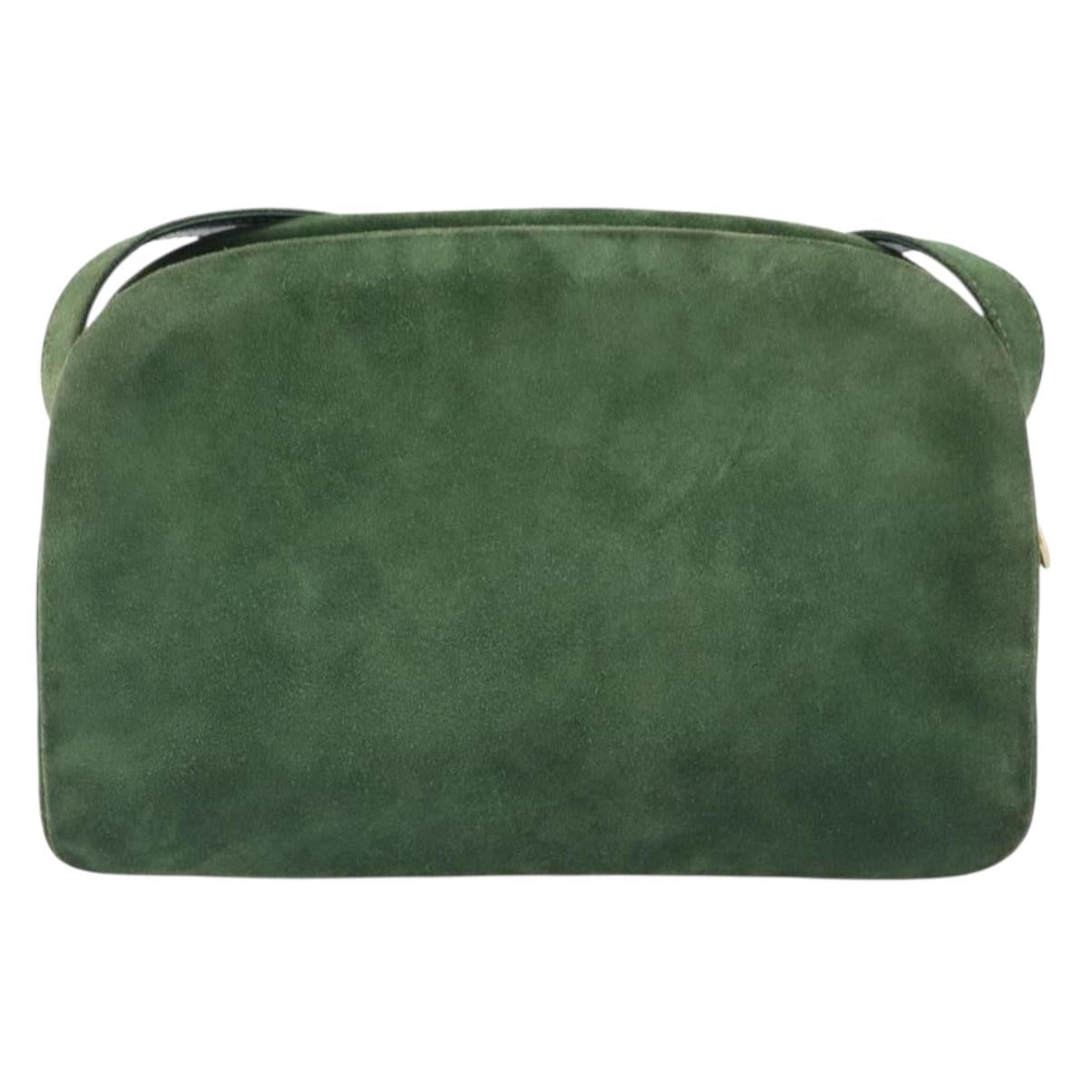 CELINE Shoulder Bag Suede Green Gold Tone Auth gh2386