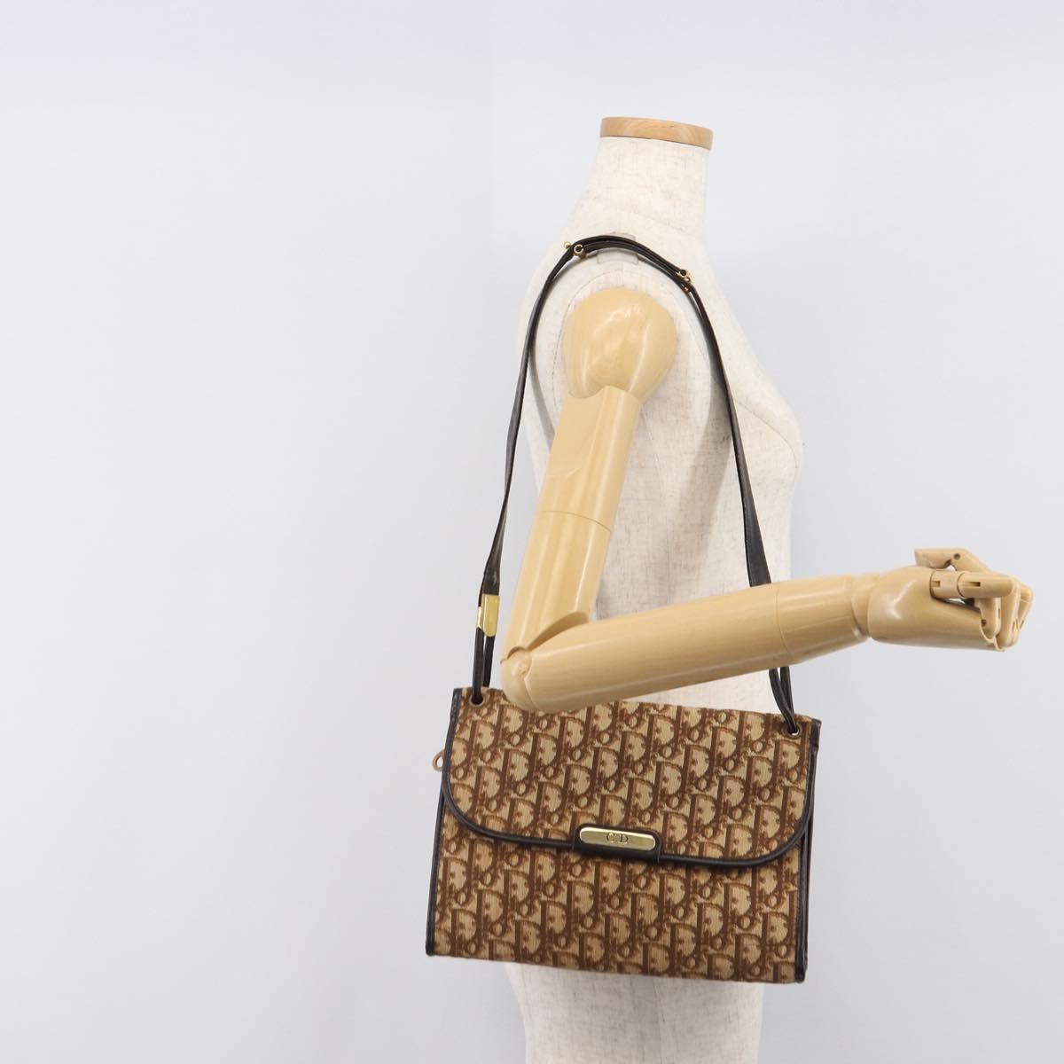 Christian Dior Trotter Canvas Shoulder Bag Brown Gold Tone Auth gh2408