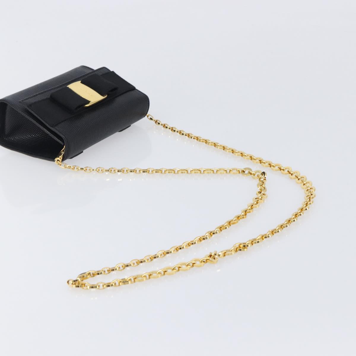 Salvatore Ferragamo Vala Chain Shoulder Bag Leather Black Gold Tone Auth gh2409