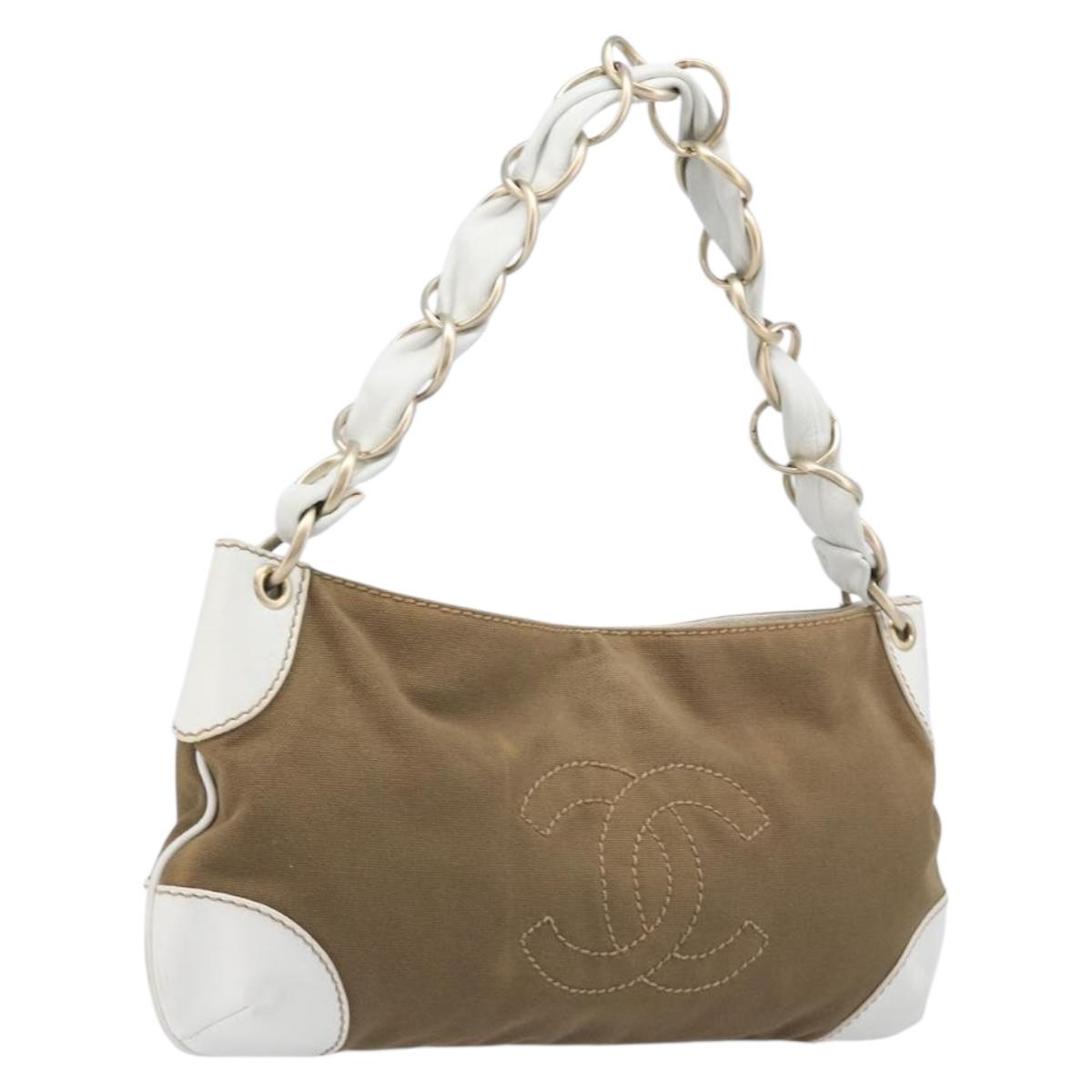 CHANEL Chain Shoulder Bag Canvas Leather Beige Gold CC Auth gh2415A