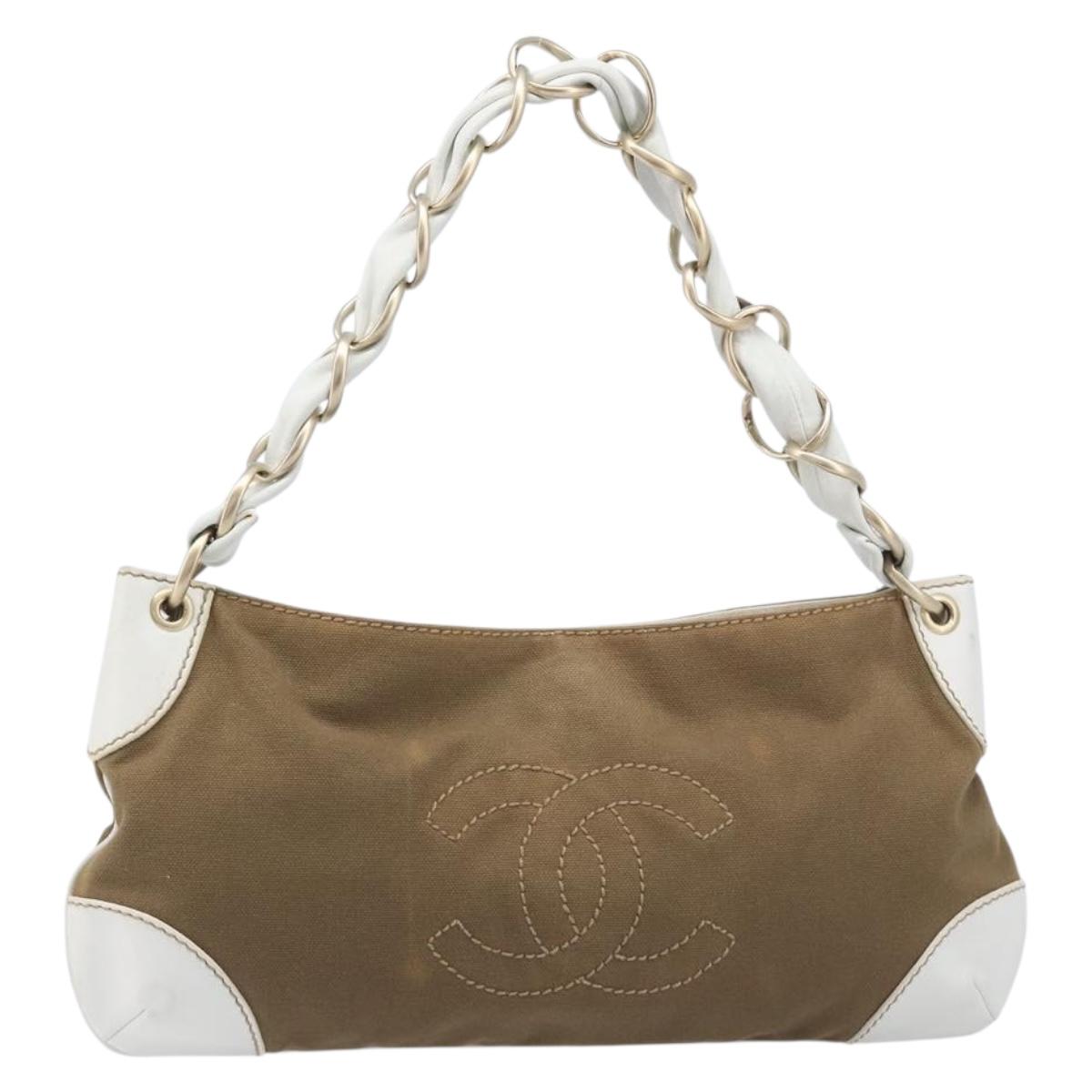 CHANEL Chain Shoulder Bag Canvas Leather Beige Gold CC Auth gh2415A