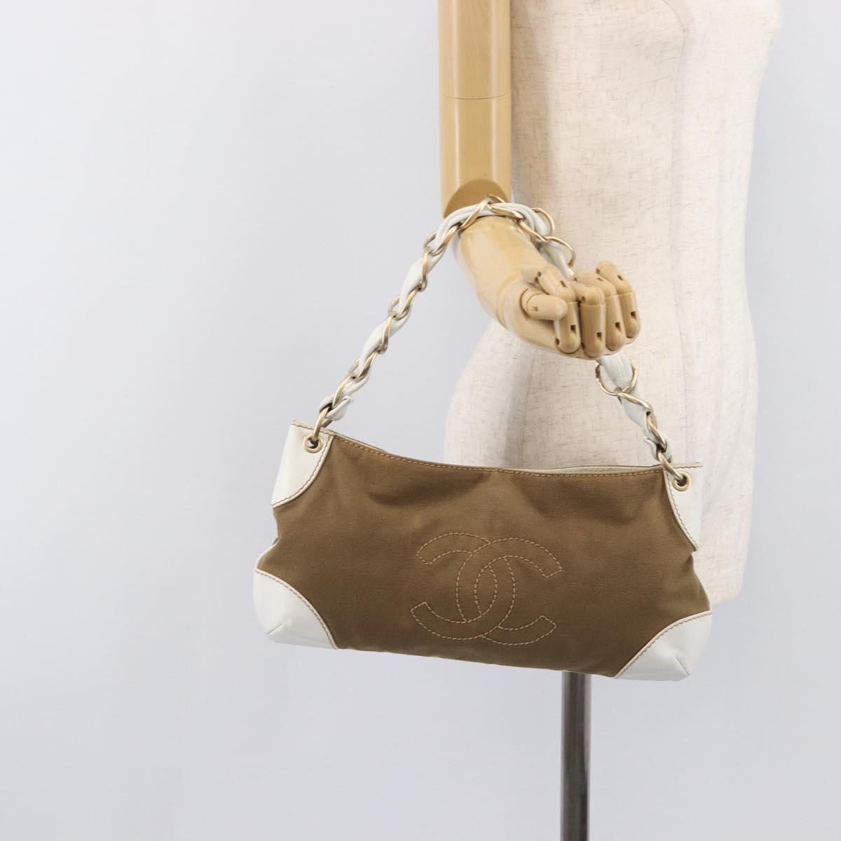 CHANEL Chain Shoulder Bag Canvas Leather Beige Gold CC Auth gh2415A