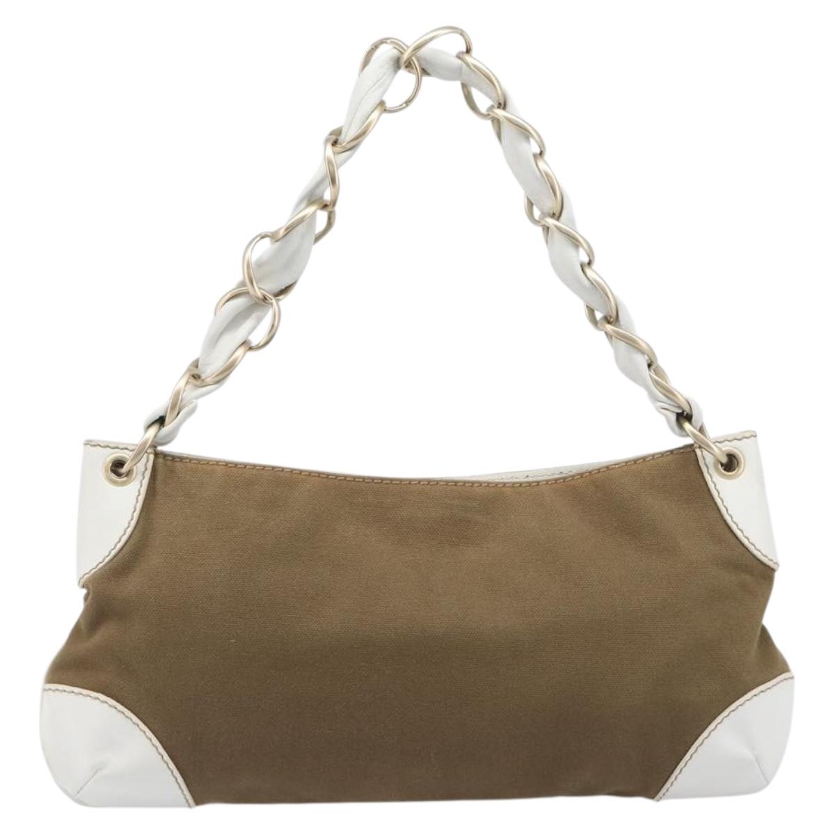 CHANEL Chain Shoulder Bag Canvas Leather Beige Gold CC Auth gh2415A