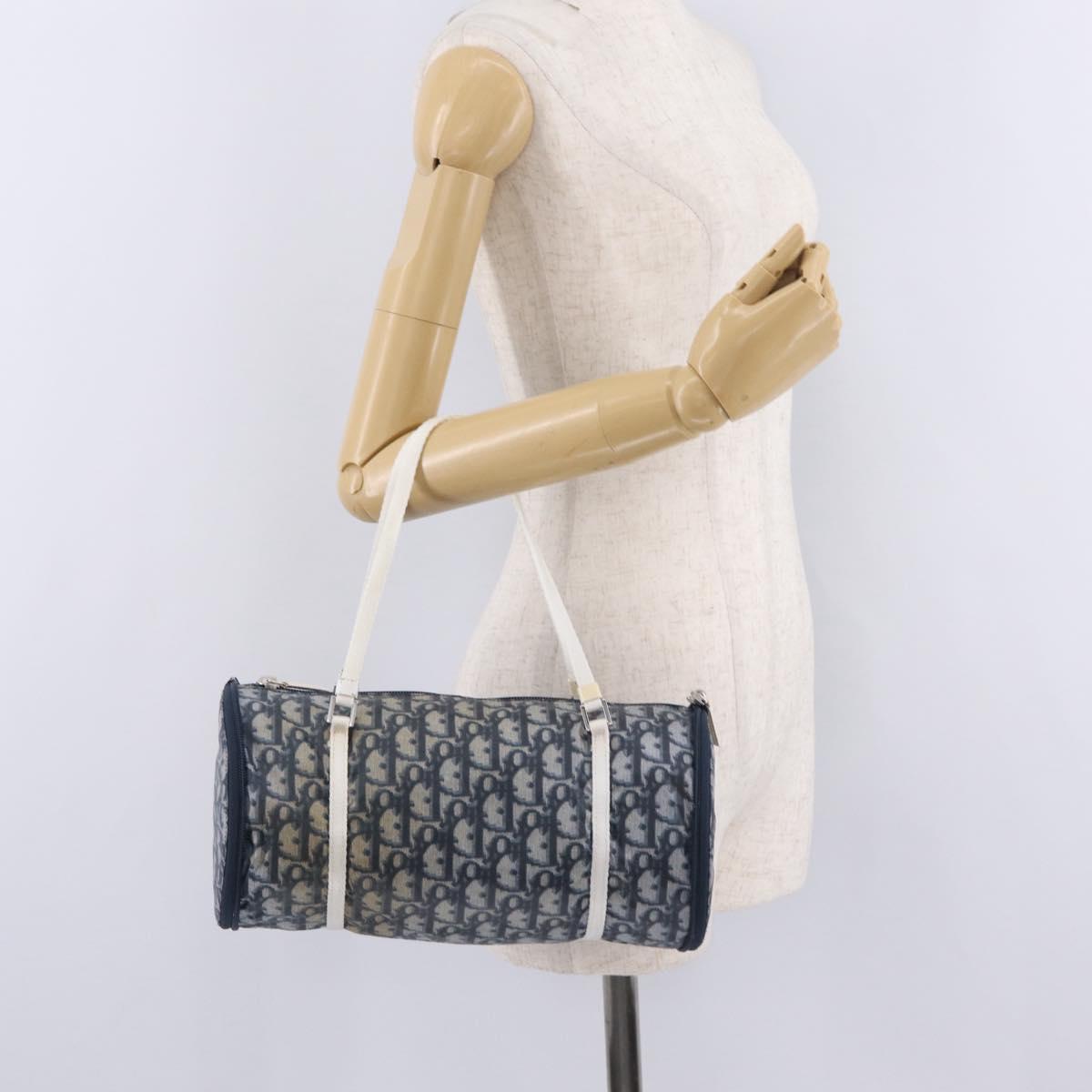 Christian Dior Trotter Canvas Hand Bag Nylon Navy Silver Auth gh2416