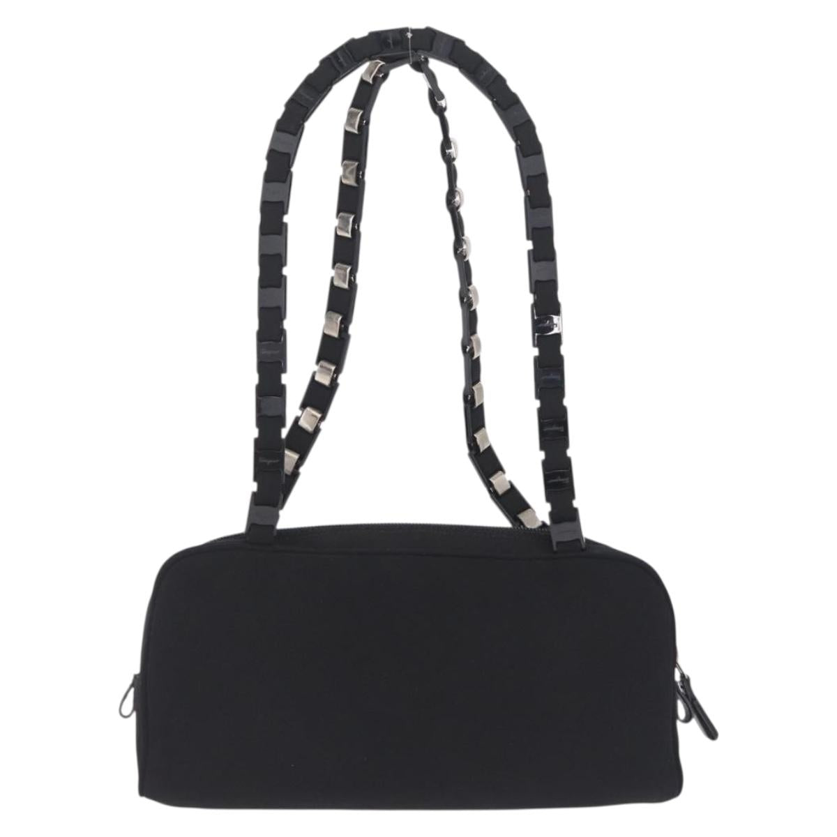 Salvatore Ferragamo Chain Shoulder Bag Canvas Black Silver Auth gh2418