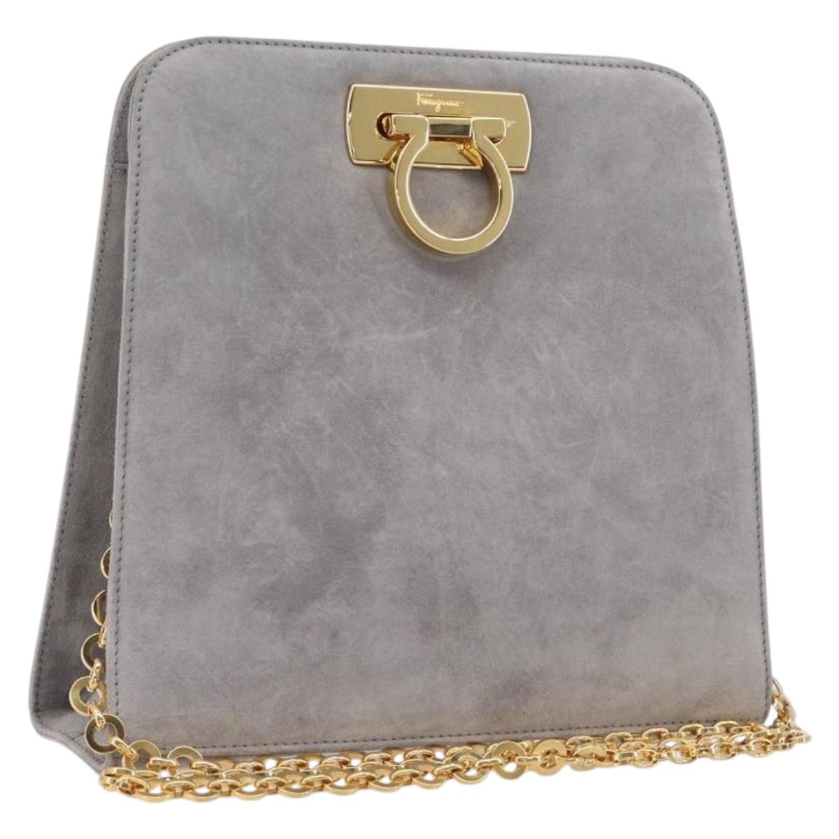 Salvatore Ferragamo Gancini Chain Shoulder Bag Suede Gray Gold Auth gh2422A