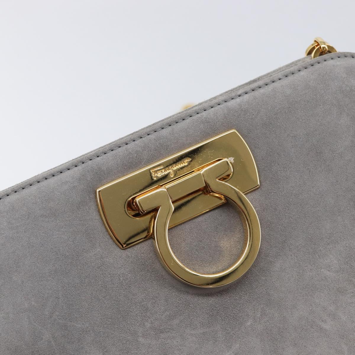 Salvatore Ferragamo Gancini Chain Shoulder Bag Suede Gray Gold Auth gh2422A
