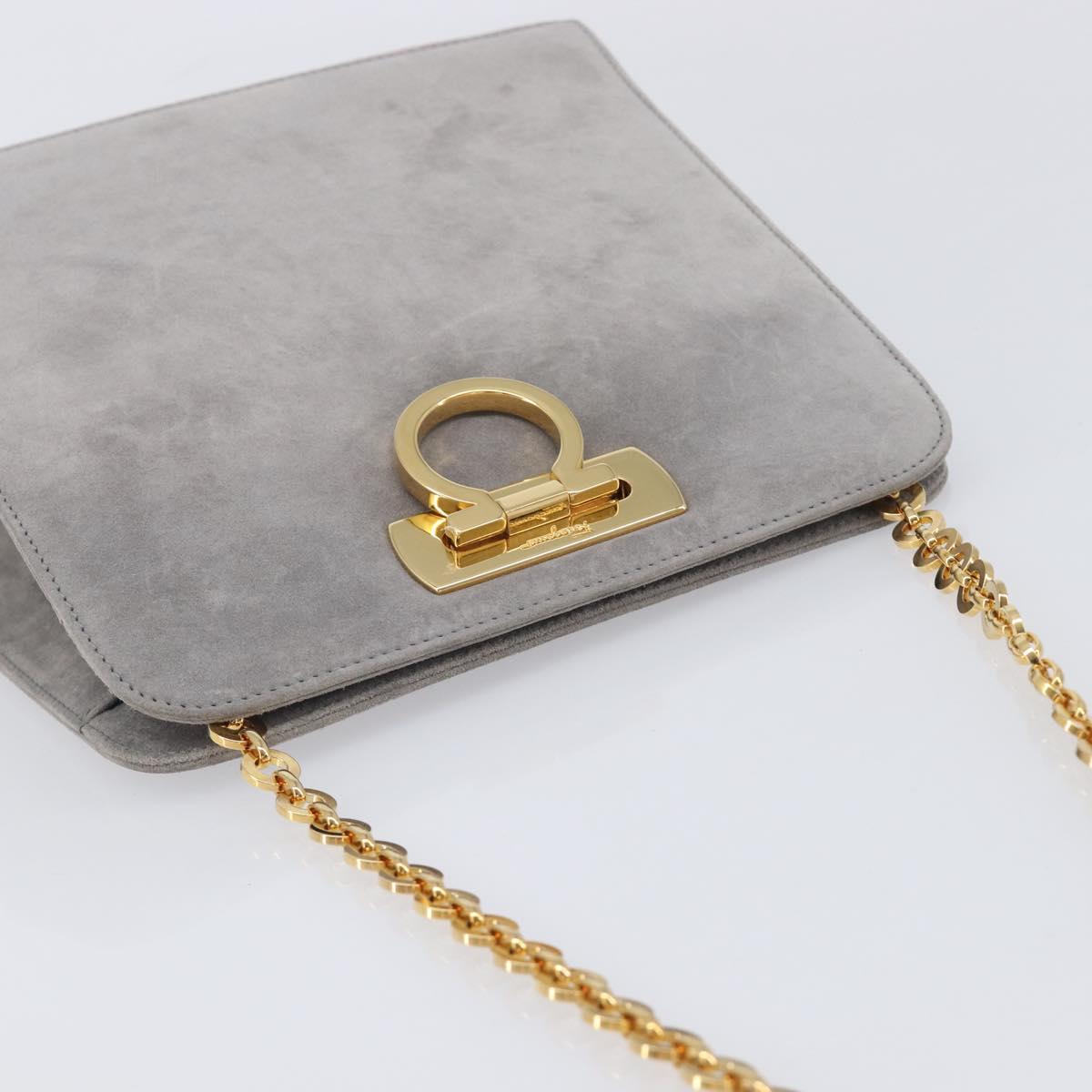 Salvatore Ferragamo Gancini Chain Shoulder Bag Suede Gray Gold Auth gh2422A