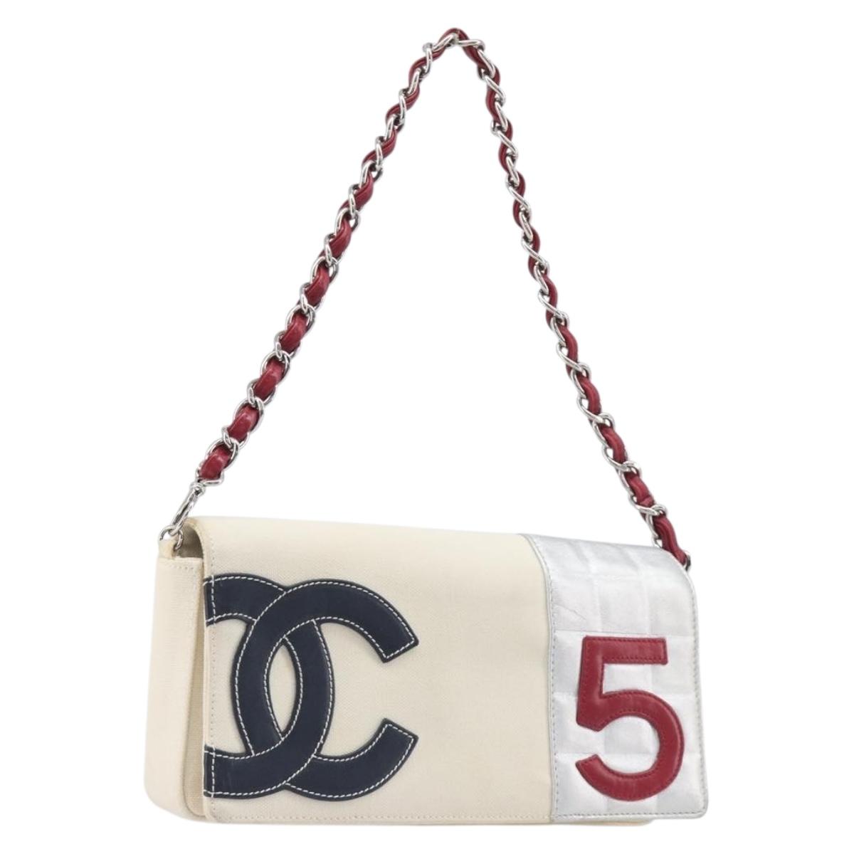 CHANEL Choco Bar Chain Shoulder Bag NO.5 Canvas Beige Silver CC Auth gh2433V