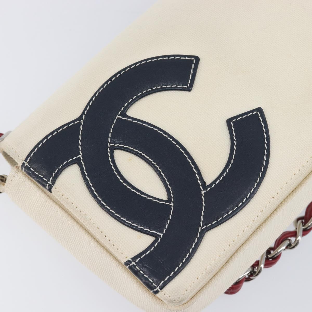 CHANEL Choco Bar Chain Shoulder Bag NO.5 Canvas Beige Silver CC Auth gh2433V