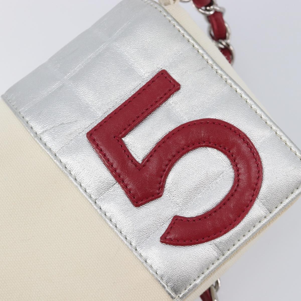 CHANEL Choco Bar Chain Shoulder Bag NO.5 Canvas Beige Silver CC Auth gh2433V