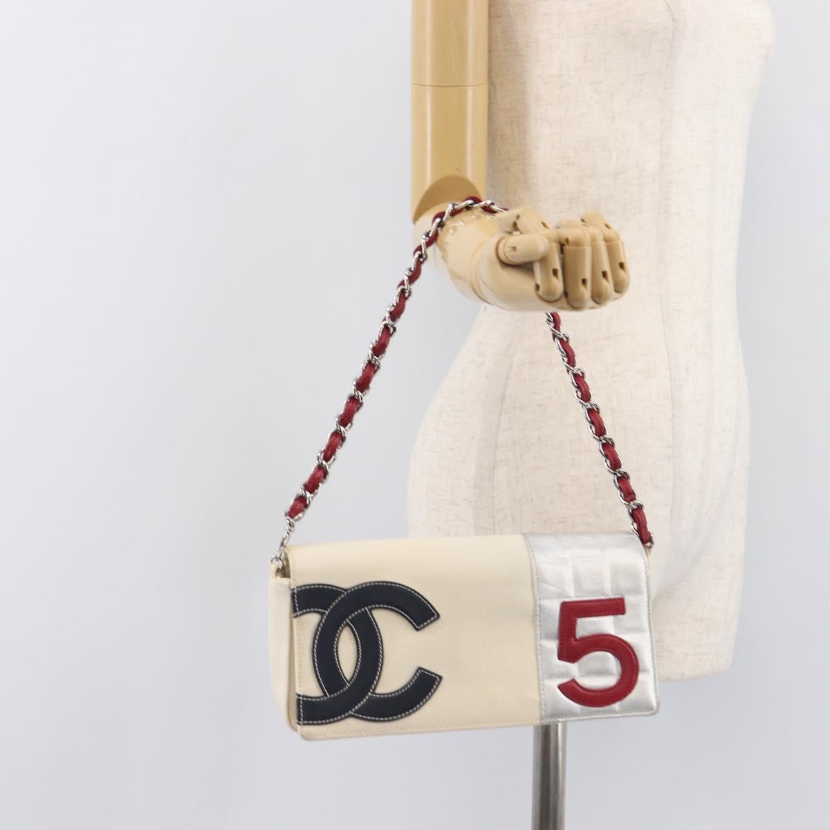 CHANEL Choco Bar Chain Shoulder Bag NO.5 Canvas Beige Silver CC Auth gh2433V