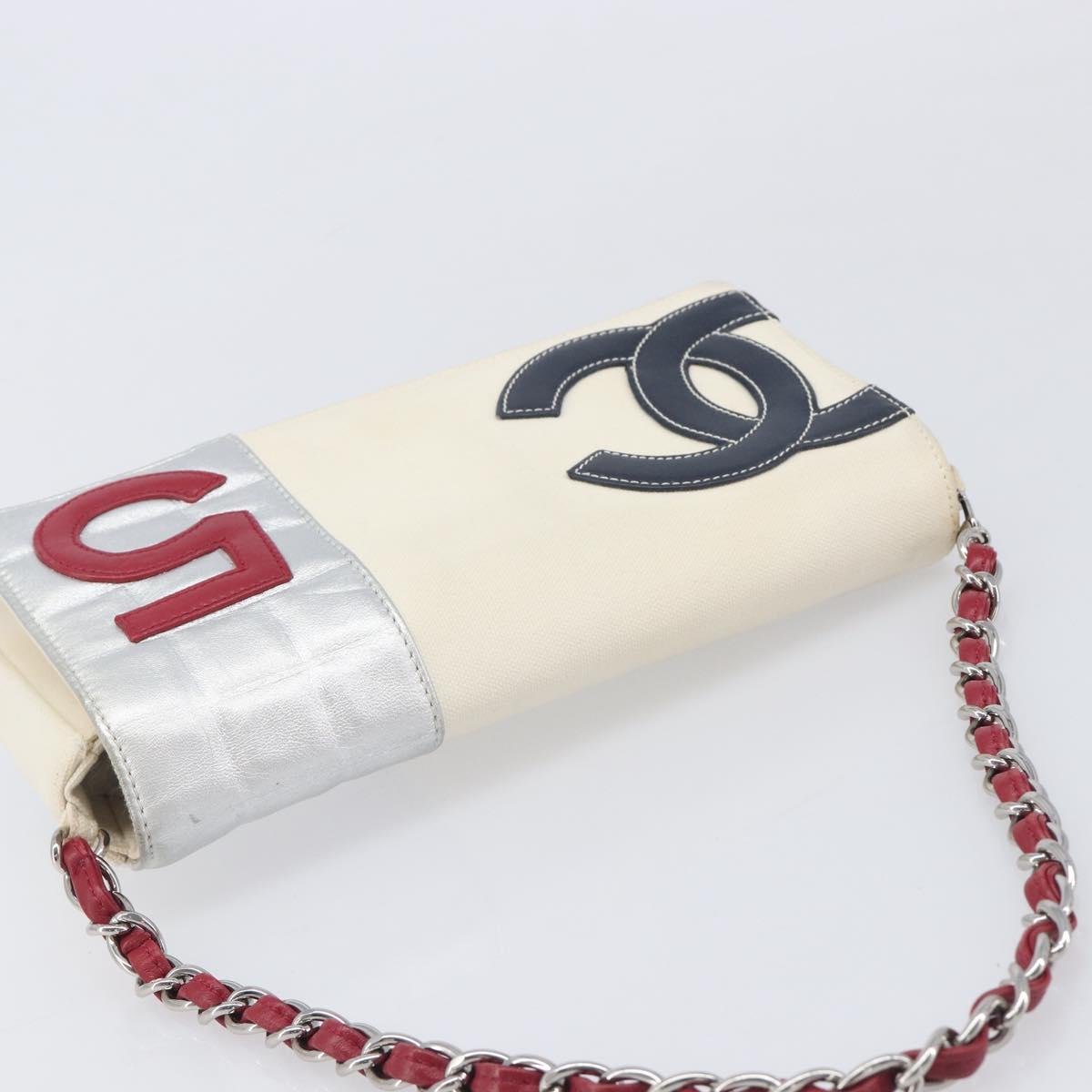CHANEL Choco Bar Chain Shoulder Bag NO.5 Canvas Beige Silver CC Auth gh2433V