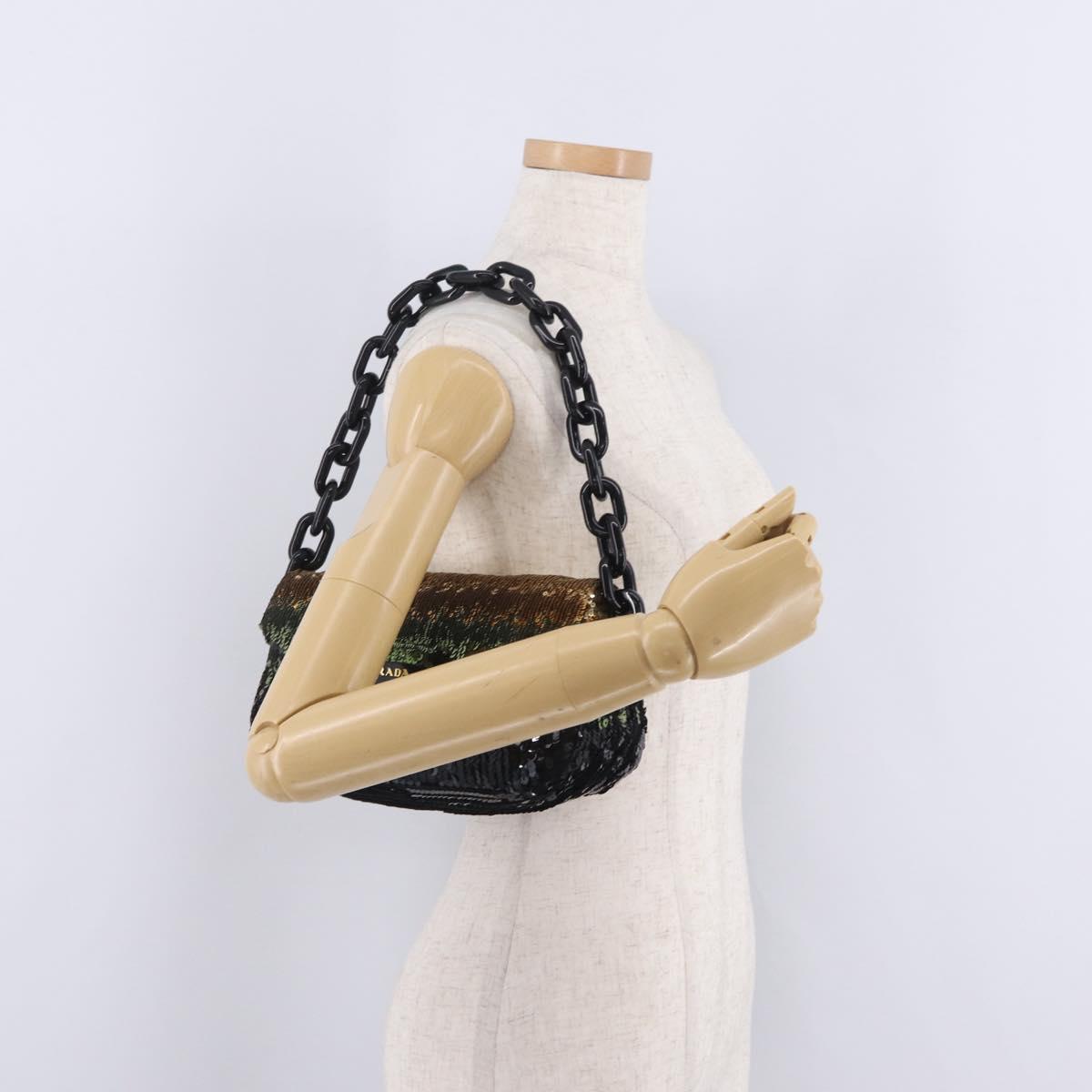 PRADA Chain Shoulder Bag Satin Sequins Yellow Black Auth gh2435V