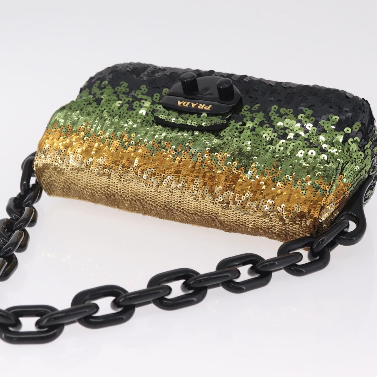 PRADA Chain Shoulder Bag Satin Sequins Yellow Black Auth gh2435V