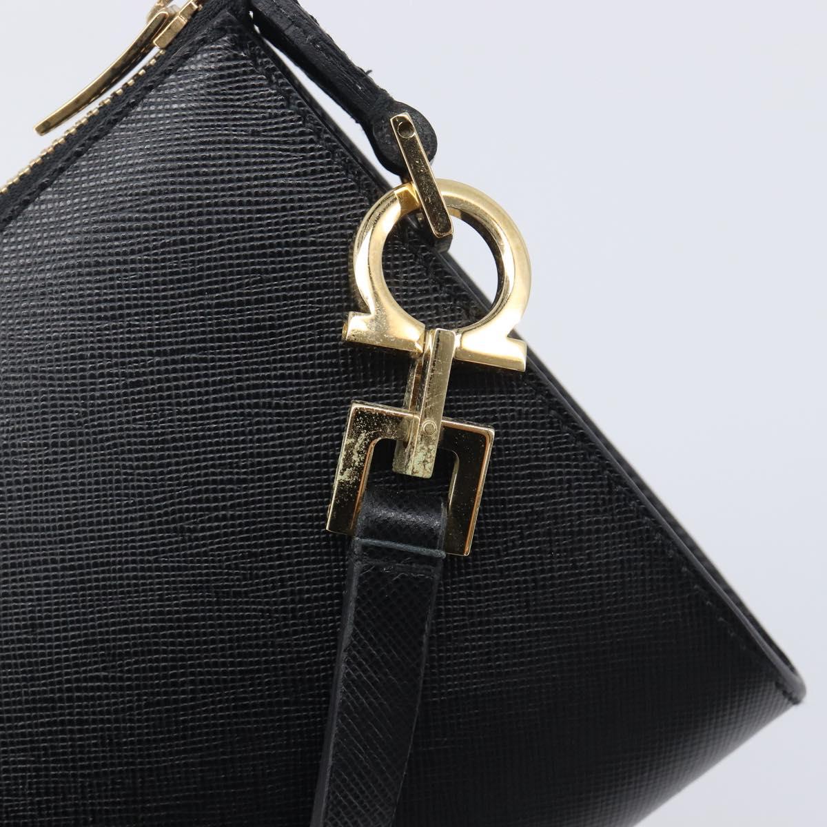 Salvatore Ferragamo Gancini Hand Bag Leather Black Gold Auth gh2454