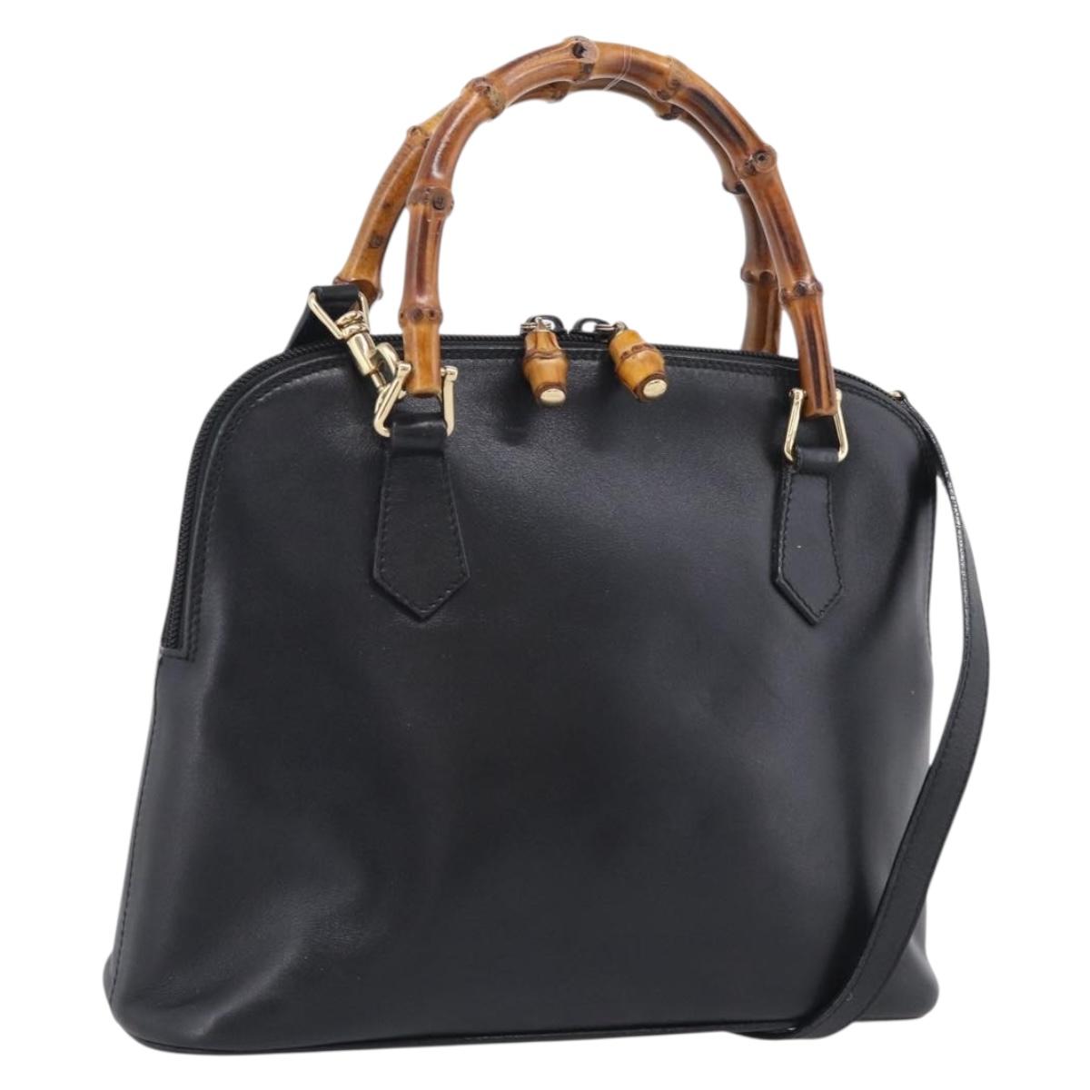 GUCCI Bamboo Hand Bag Leather 2way Black Gold 000 2122 0290 Auth gh2458