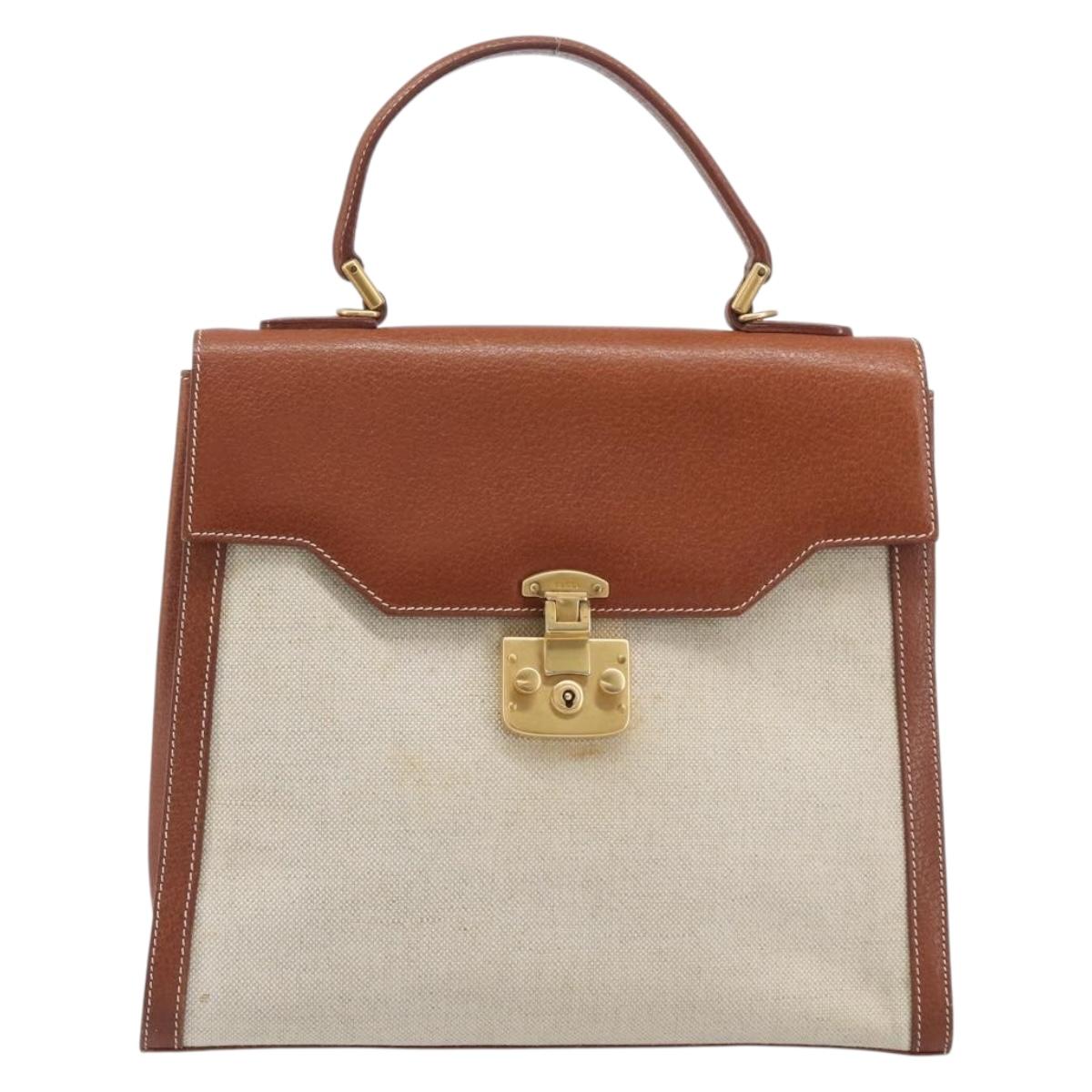 GUCCI Hand Bag Leather Canvas Beige Gold 000 256 0192 Auth gh2466