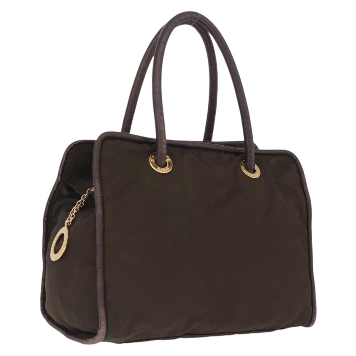 CELINE Hand Bag Nylon Brown Gold Auth gh2468