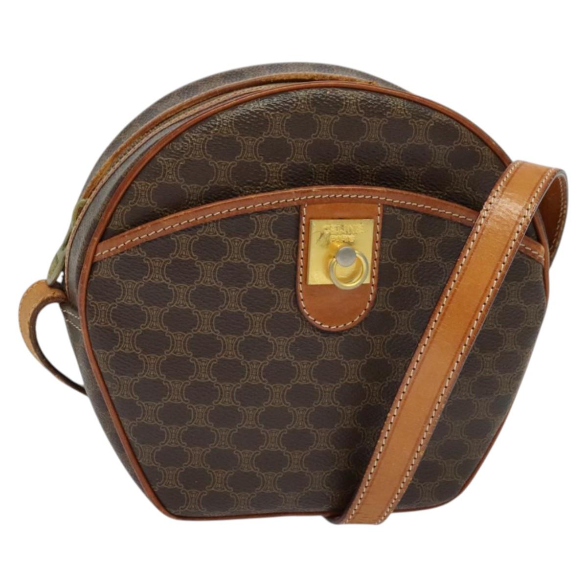 CELINE Macadam Canvas Shoulder Bag PVC Leather Brown Gold Auth gh248