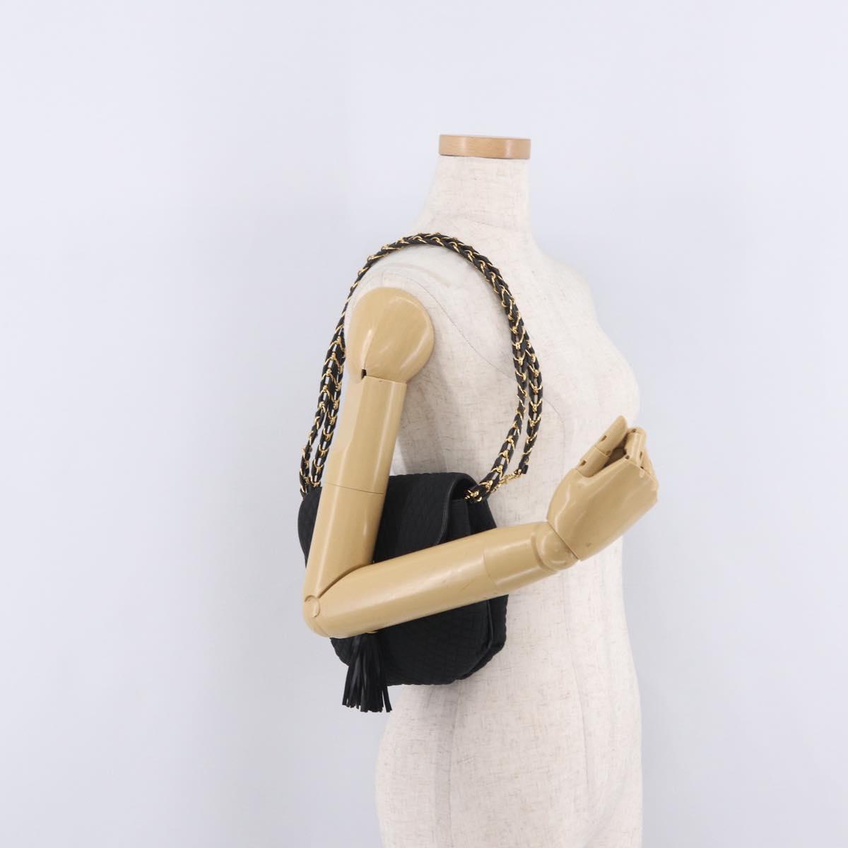 Bally Chain Shoulder Bag Canvas Black Gold Auth gh2482