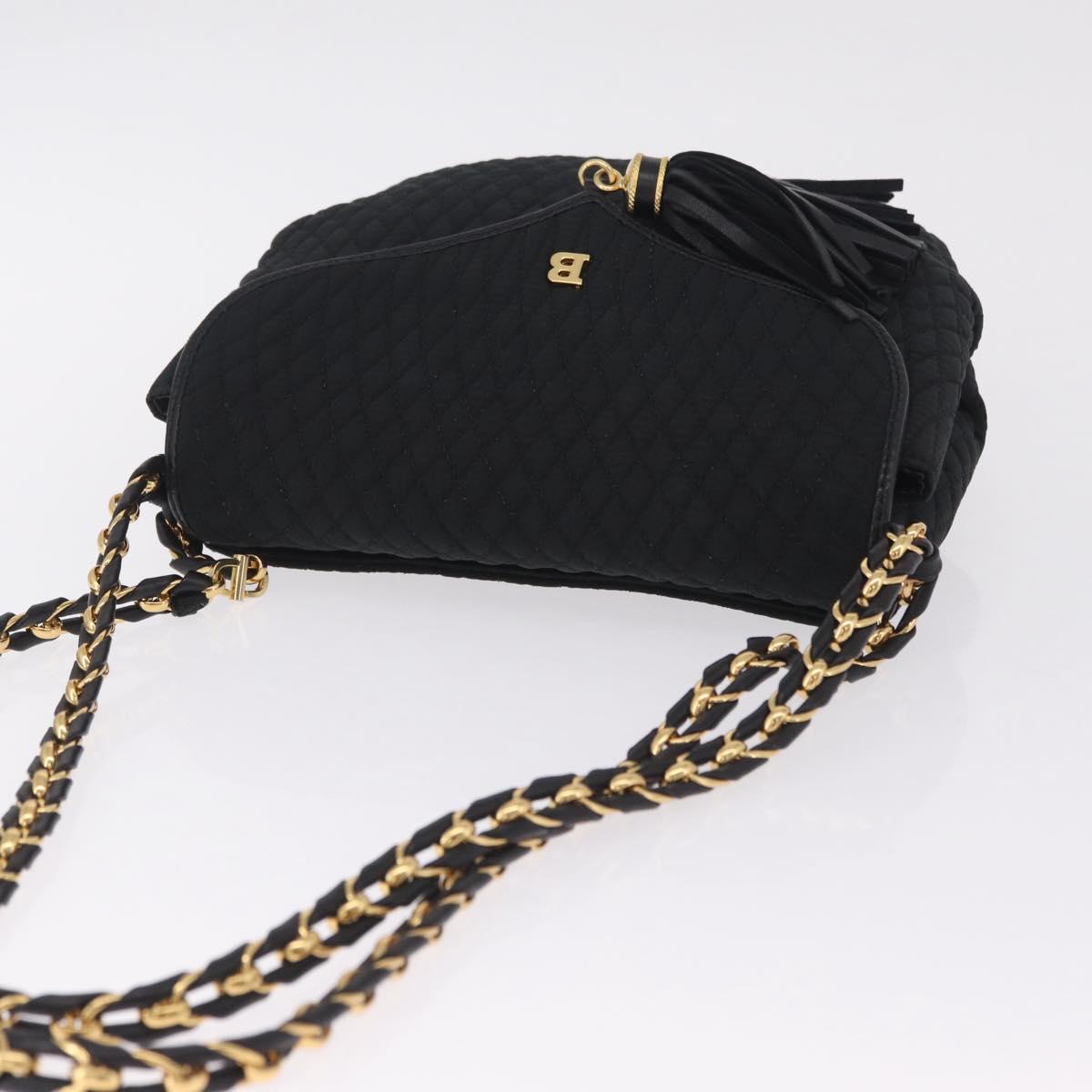 Bally Chain Shoulder Bag Canvas Black Gold Auth gh2482
