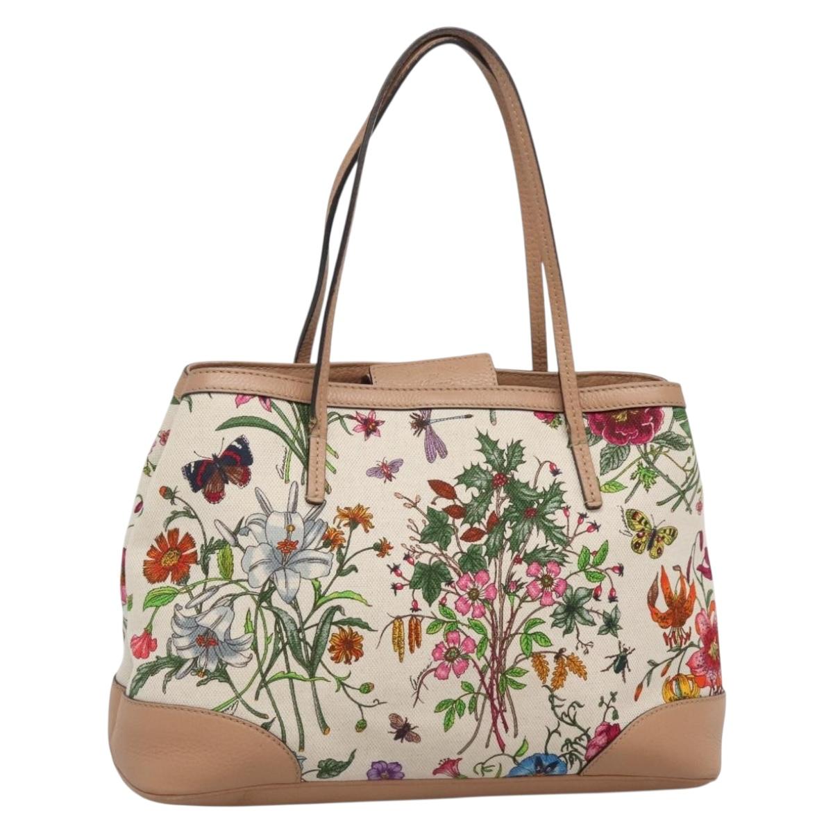 GUCCI Flower Tote Bag Canvas Beige Gold 358470 Auth gh264